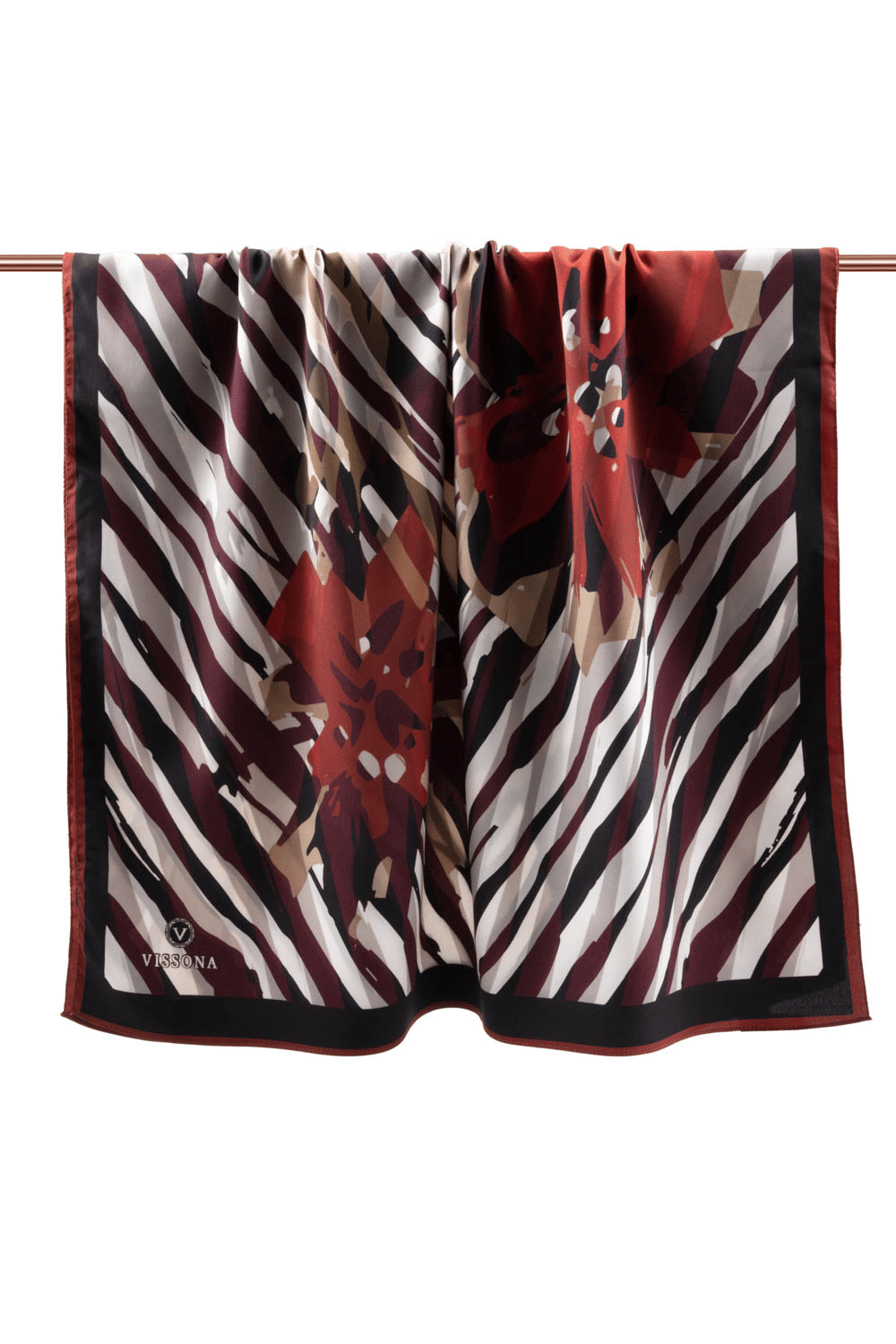 LÜKS MEDİNE İPEĞİ ZEBRA VE ÇİÇEK DESENLİ BORDO RENKLİ 75X195 KIRIŞMAZ ŞAL MOSS KREP DİKİŞ TİPİ İTALYAN DİKİŞLİ
