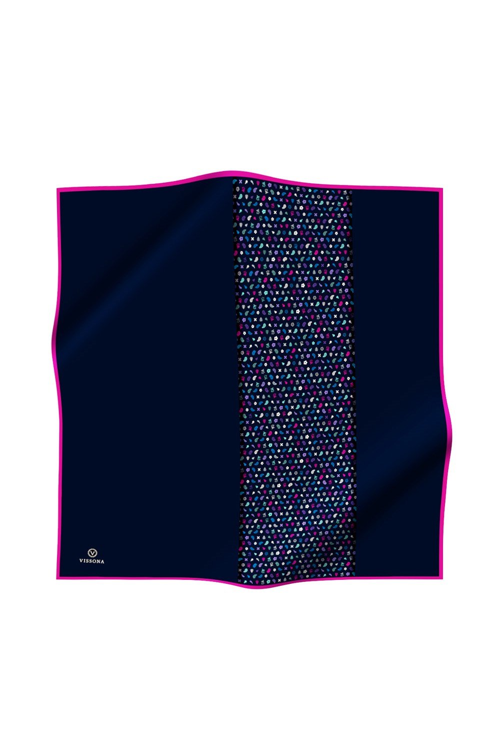 %100 Twill İpek Çıtır Şerit Desenli Lacivert - Fuşya Renkli 90x90 Eşarp Dikim Şekli : El Dikişi