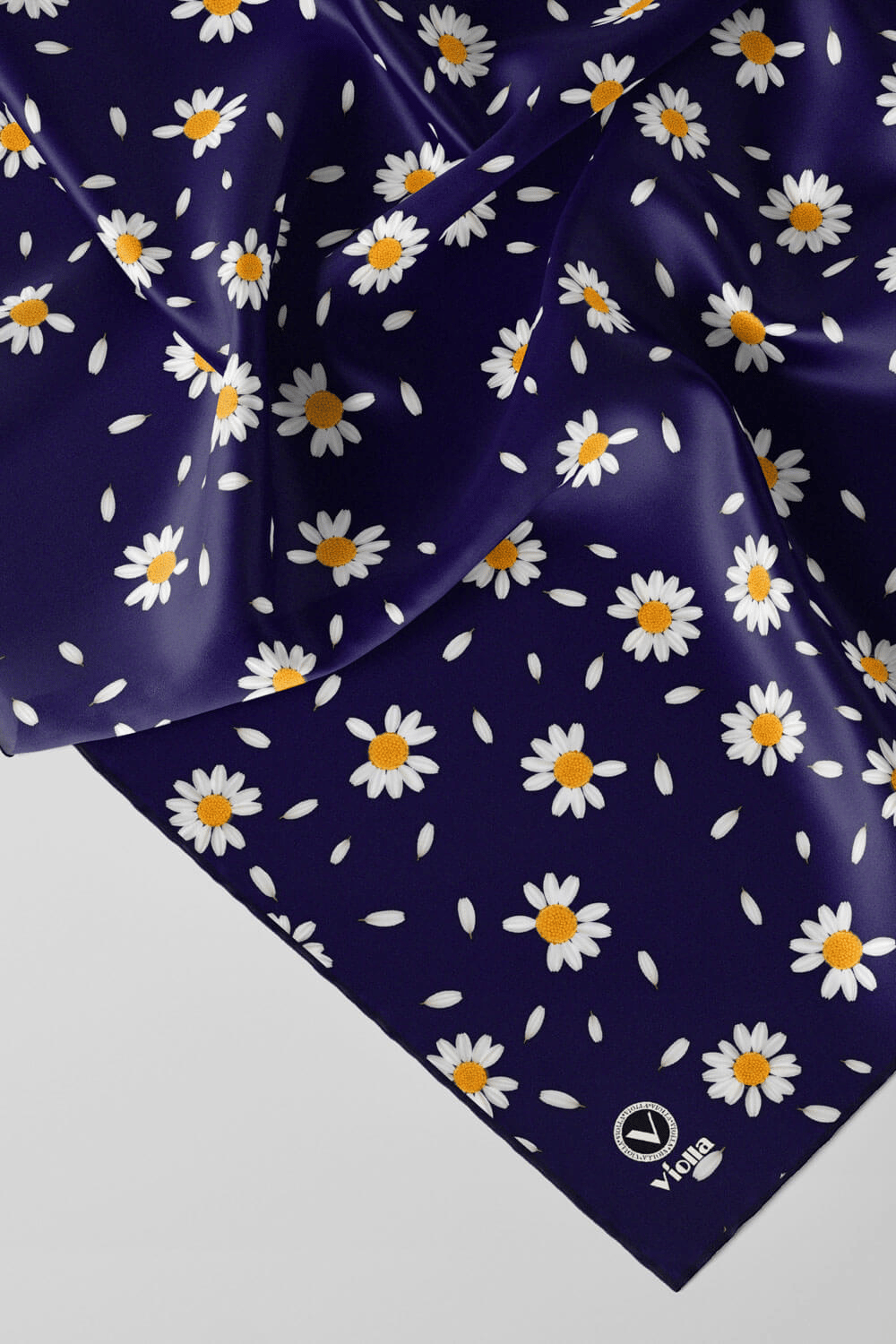 Twill Papatya Desenli Lacivert Renkli 90x90 Eşarp (İpek İçermez) Kenar Dikiş Şekli El Dikişli