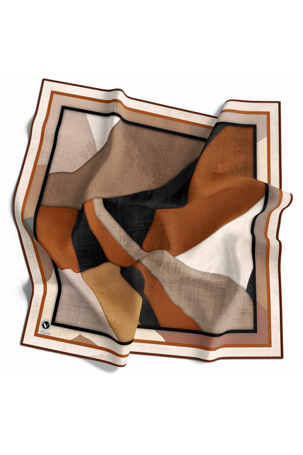 Twill Geometrik Desenli Taba Renkli 90x90 Eşarp (İpek İçermez) Kenar Dikiş Şekli El Dikişli