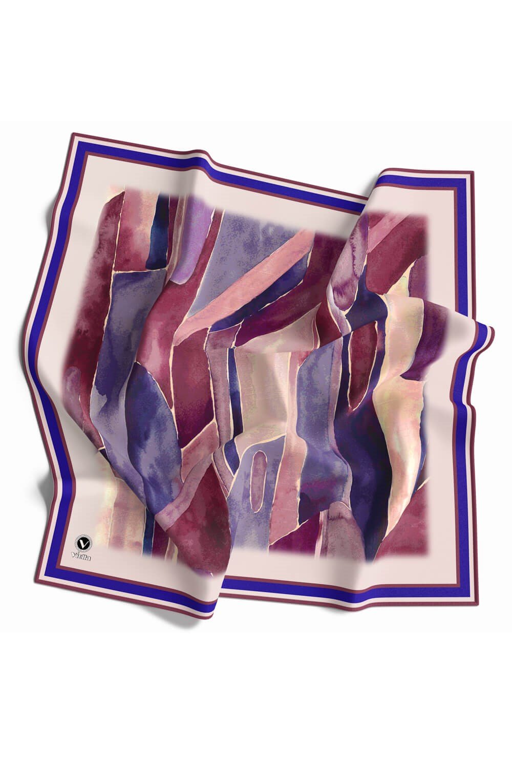 Kristal Suluboya Dokulu Geometrik Desenli Saks Renkli 90x90 Eşarp (İpek İçermez) Kenar Dikiş Şekli El Dikişli