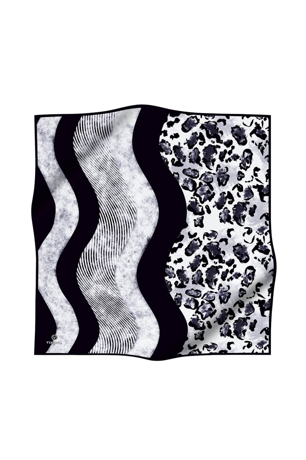 %100 Twill İpek Leopar Ve Geometrik Desenli Gri Renkli 90x90 Eşarp Dikim Şekli : El Dikişi