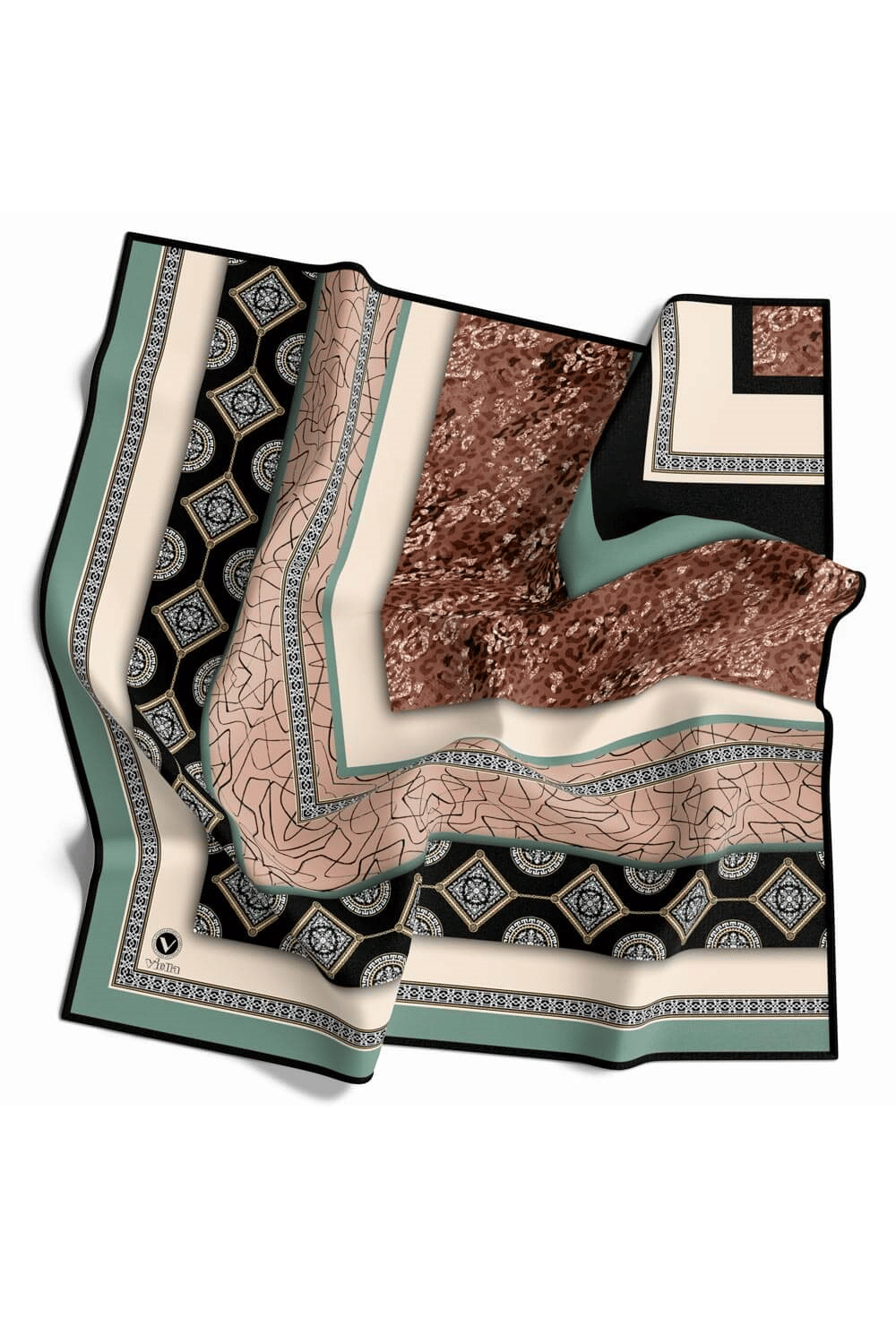 Twill Leopar ve Barok Desenli Mint Yeşili Renkli 90x90 Eşarp (İpek İçermez) Dikim Şekli : El Dikişi