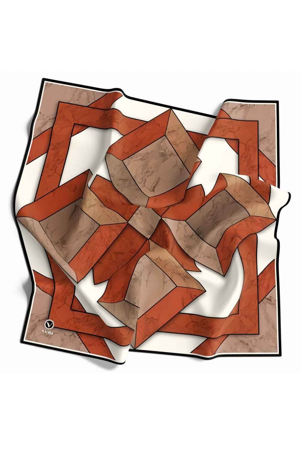 Twill Mermer Desenli Taba - Bej Renkli 90x90 Eşarp (İpek İçermez) Kenar Dikiş Şekli El Dikişli