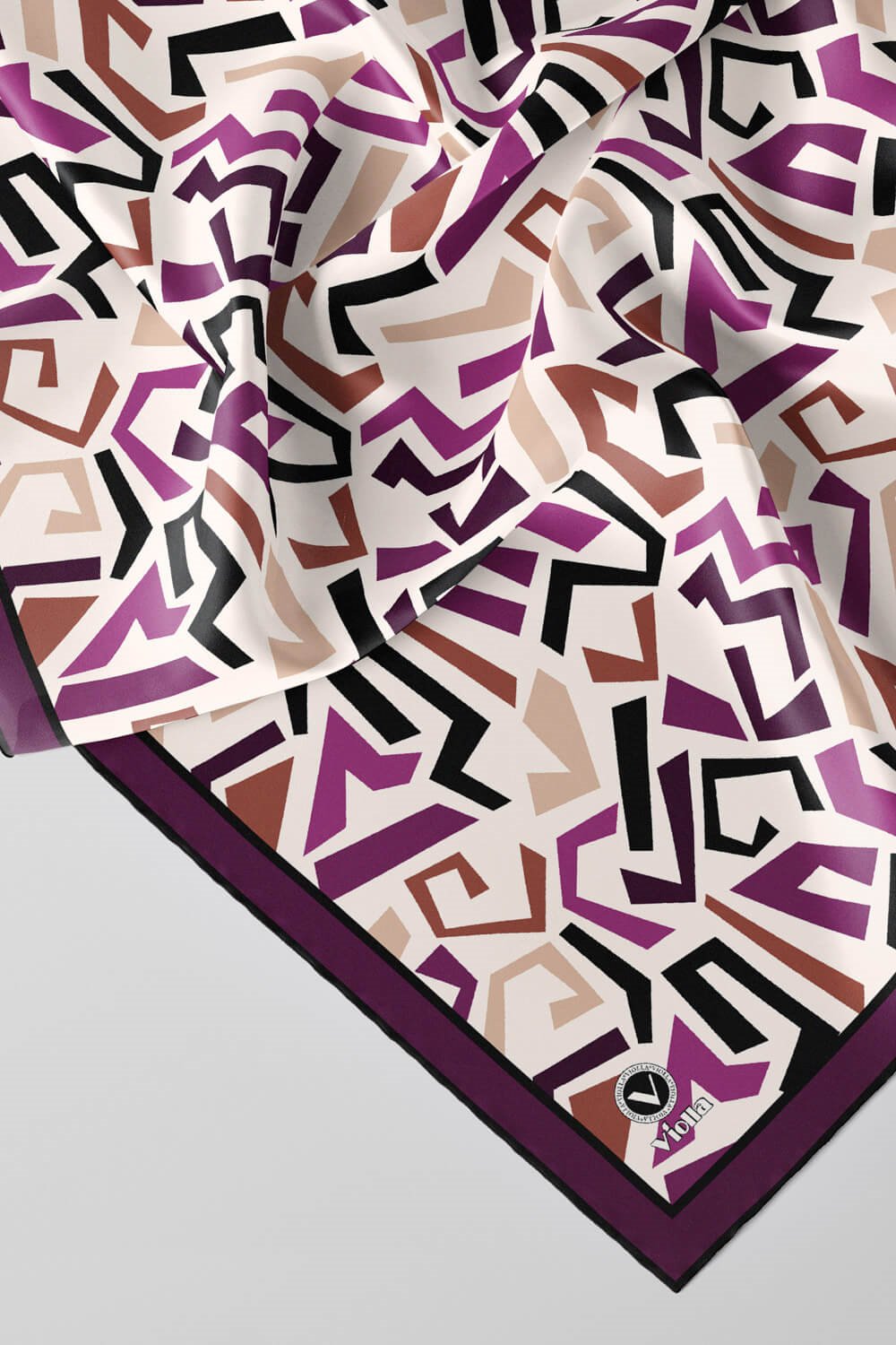 Twill Geometrik Desenli Mürdüm Renkli 90x90 Eşarp (İpek İçermez) Kenar Dikiş Şekli El Dikişli