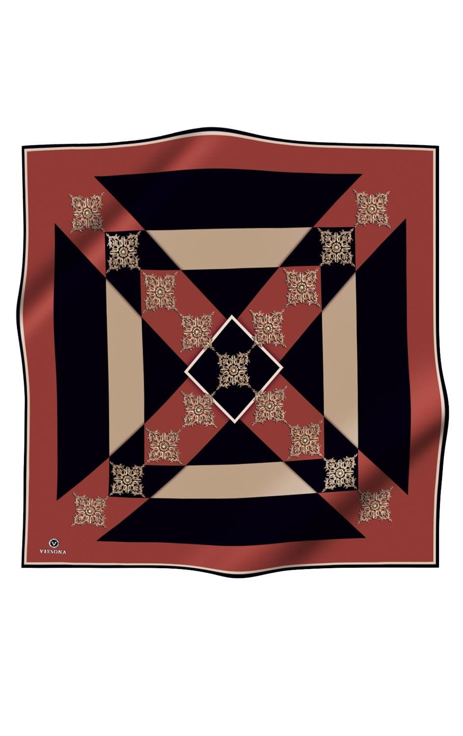 %100 Twill İpek Geometrik ve Barok Desenli Taba - Siyah Renkli 90x90 Eşarp Dikim Şekli : El Dikişi