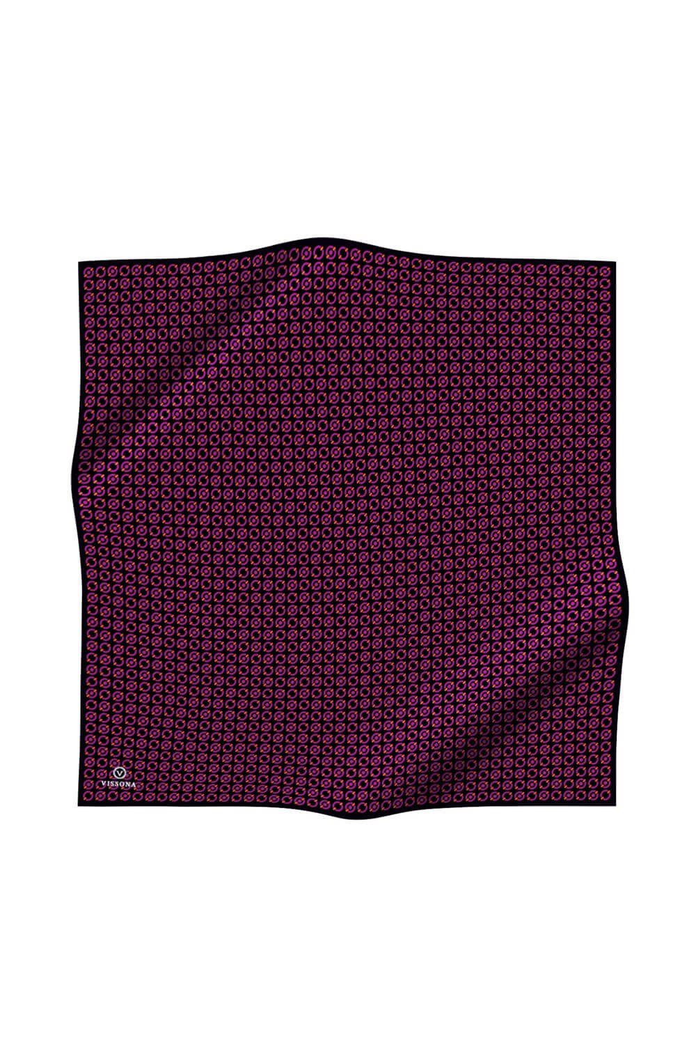 %100 Twill İpek Zincir Desenli Siyah - Fuşya Renkli 90x90 Eşarp Kenar Dikiş Şekli El Dikişli