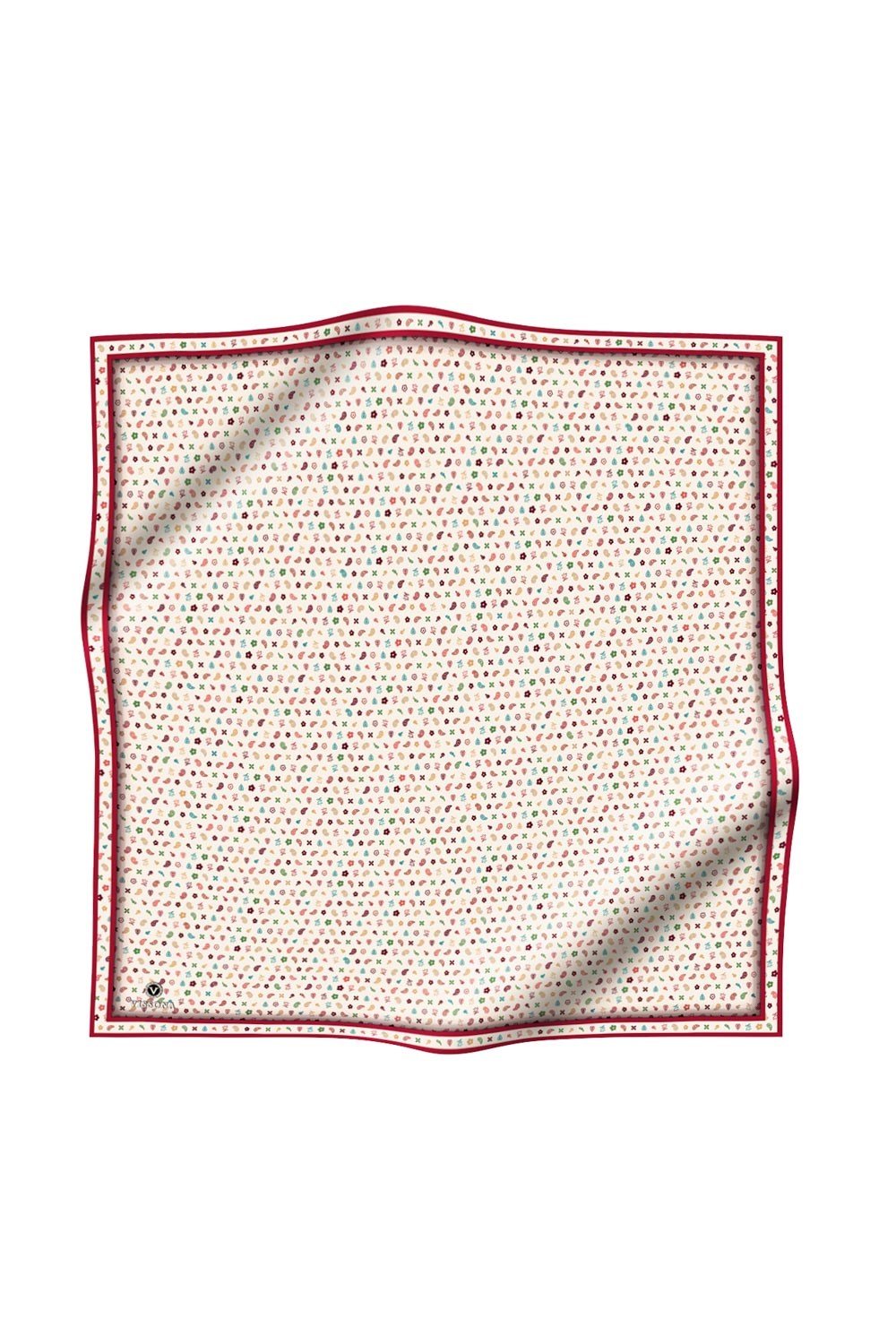 %100 Twill İpek Çıtır Desenli Krem - Bordo Renkli 90x90 Eşarp Dikim Şekli : El Dikişi