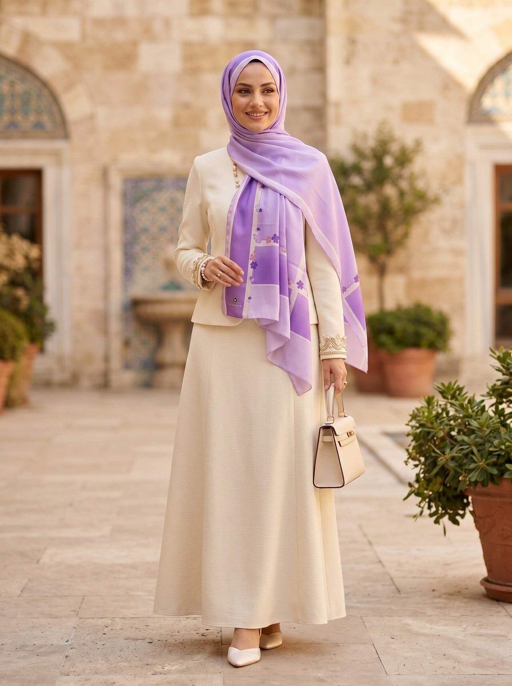 %100 İpek Çiçek Desenli Lila Renkli 92x210 Şal