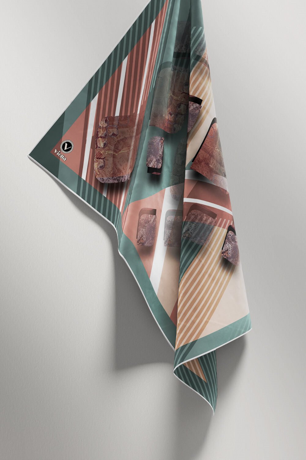 Twill Çizgili ve Geometrik Desenli Mint Renkli 90x90 Eşarp (İpek İçermez) Kenar Dikiş Şekli El Dikişli