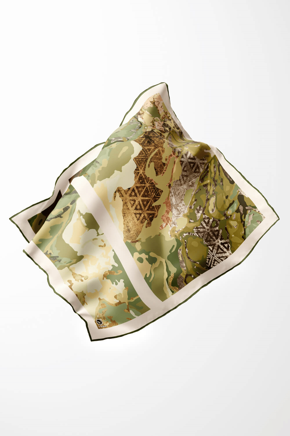 Twill Etnik ve Batik Desenli Haki Renkli 90x90 Eşarp (İpek İçermez) Dikim Şekli : El Dikişi