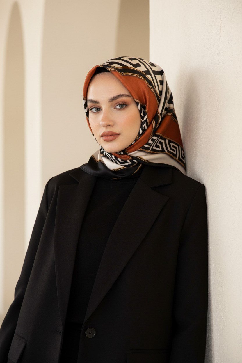 % 57 İPEK % 43 VİSKON Twill İpek Labirent Ve Geometrik Desenli Taba - Siyah Renkli 90x90 Eşarp Dikim Şekli : El Dikişi