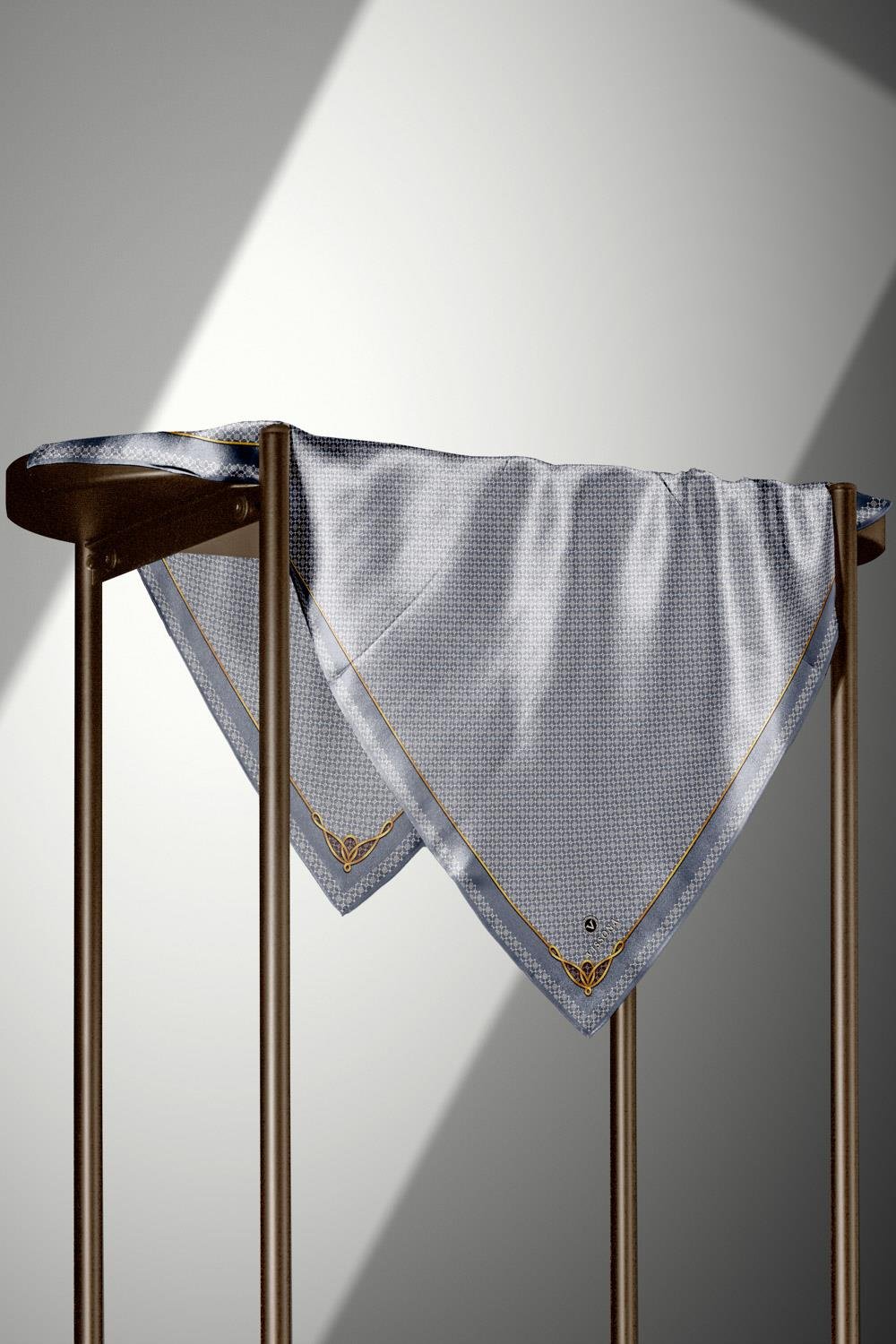 %100 Twill İpek Minik Motif Desenli Gri - Krem Renkli 90x90 Eşarp Dikim Şekli : El Dikişi
