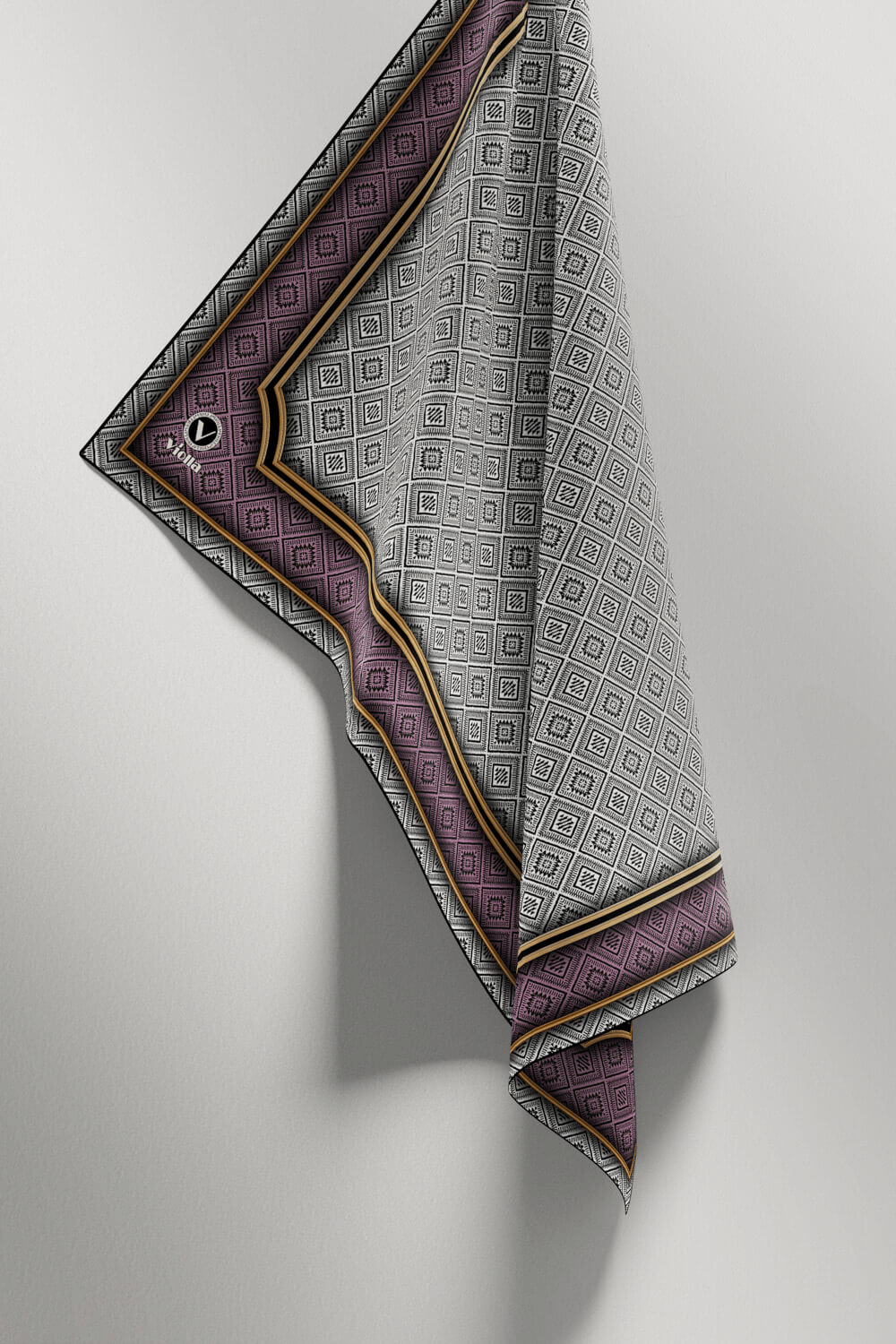 Twill Geometrik Çıtır Desenli Lila Renkli 90x90 Eşarp (İpek İçermez) Kenar Dikiş Şekli El Dikişli