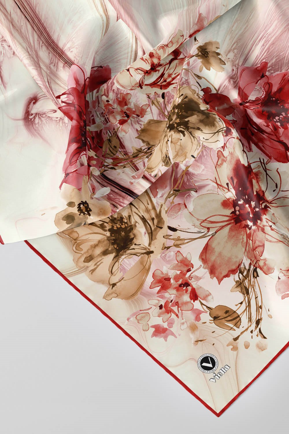 Twill Çiçek Desenli Bordo Renkli 90x90 Eşarp (İpek İçermez) Kenar Dikiş Şekli El Dikişli
