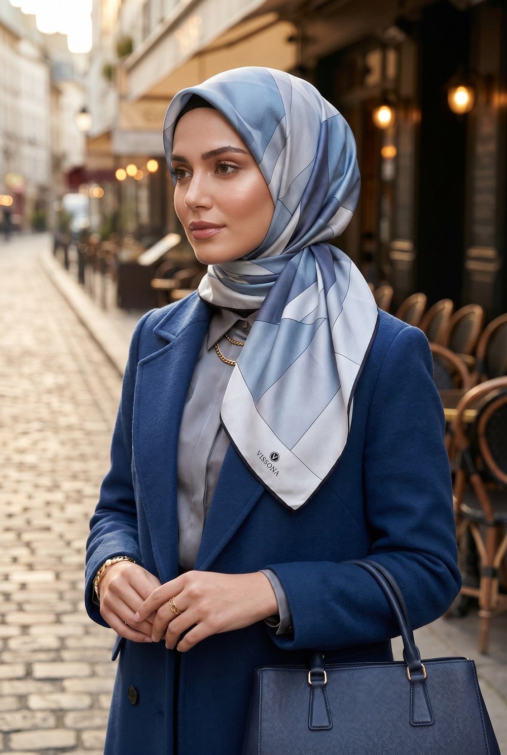 %100 Twill İpek Geometrik Desenli İndigo - Gri Renkli 90x90 Eşarp Dikim Şekli : El Dikişi