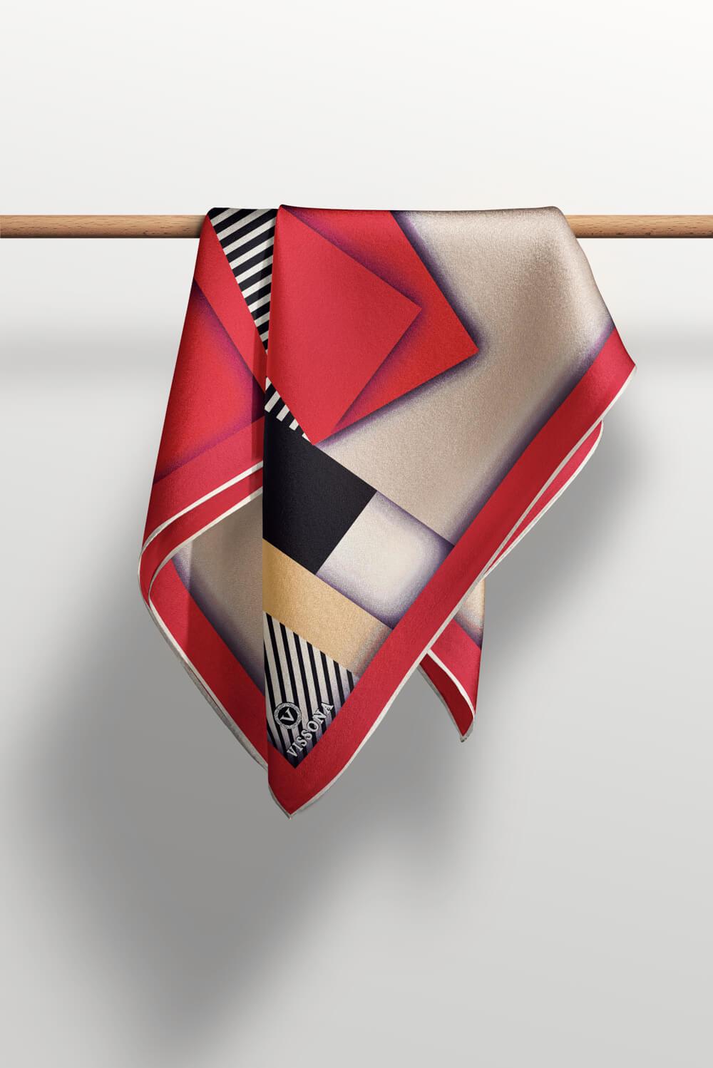 %100 Twill Renk Bloklu Çizgili Desenli Kırmızı - Bej Renkli 90x90 Eşarp Dikim Şekli: El Dikişii