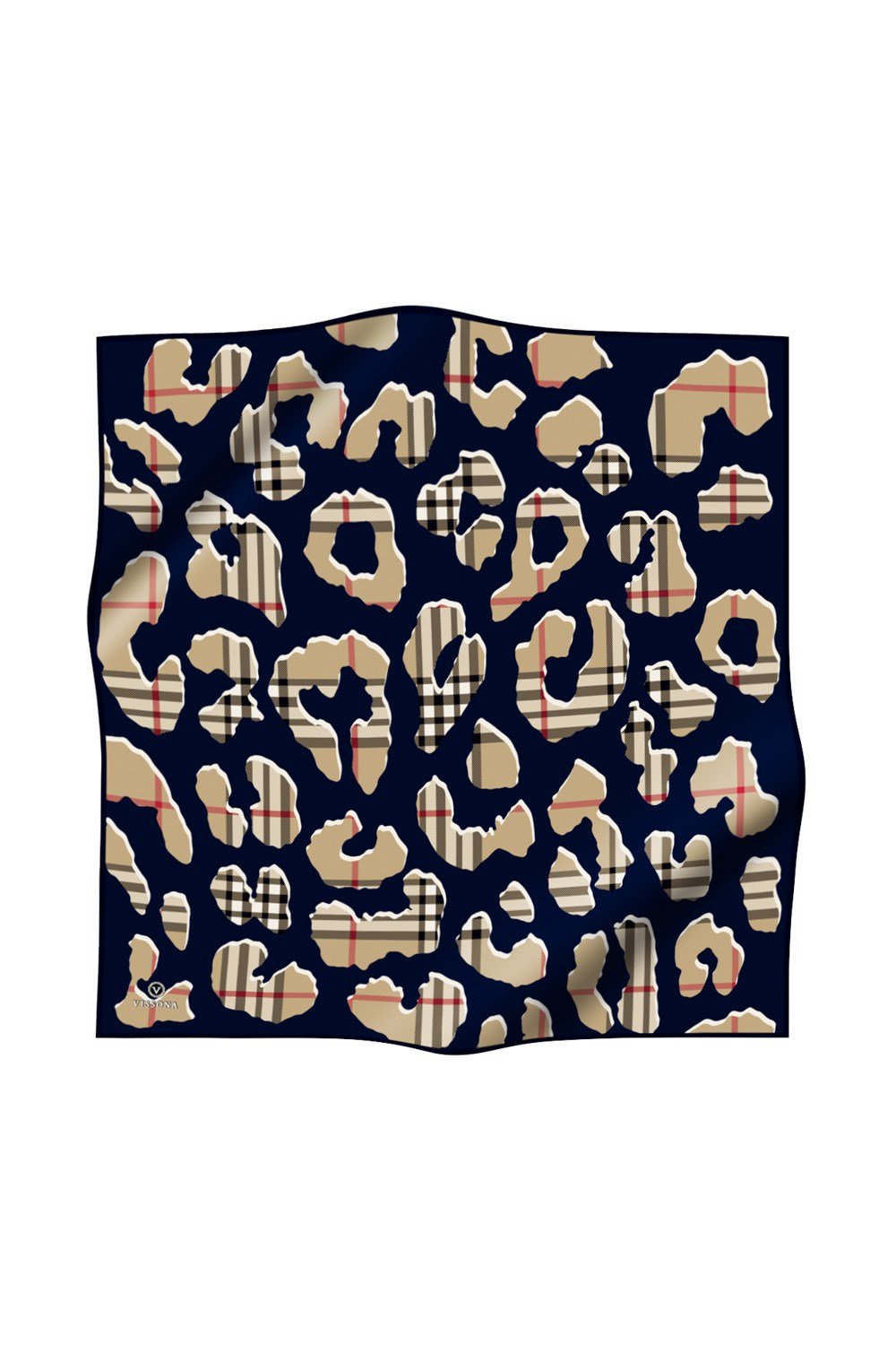 %100 Twill İpek Leopar Desenli Lacivert - Bej Renkli 90x90 Eşarp Dikim Şekli : El Dikişi