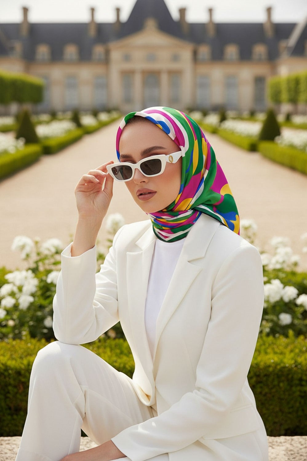 %100 Twill İpek Geometrik Desenli Zümrüt Yeşili - Fuşya Renkli 90x90 Eşarp Dikim Şekli : El Dikişi