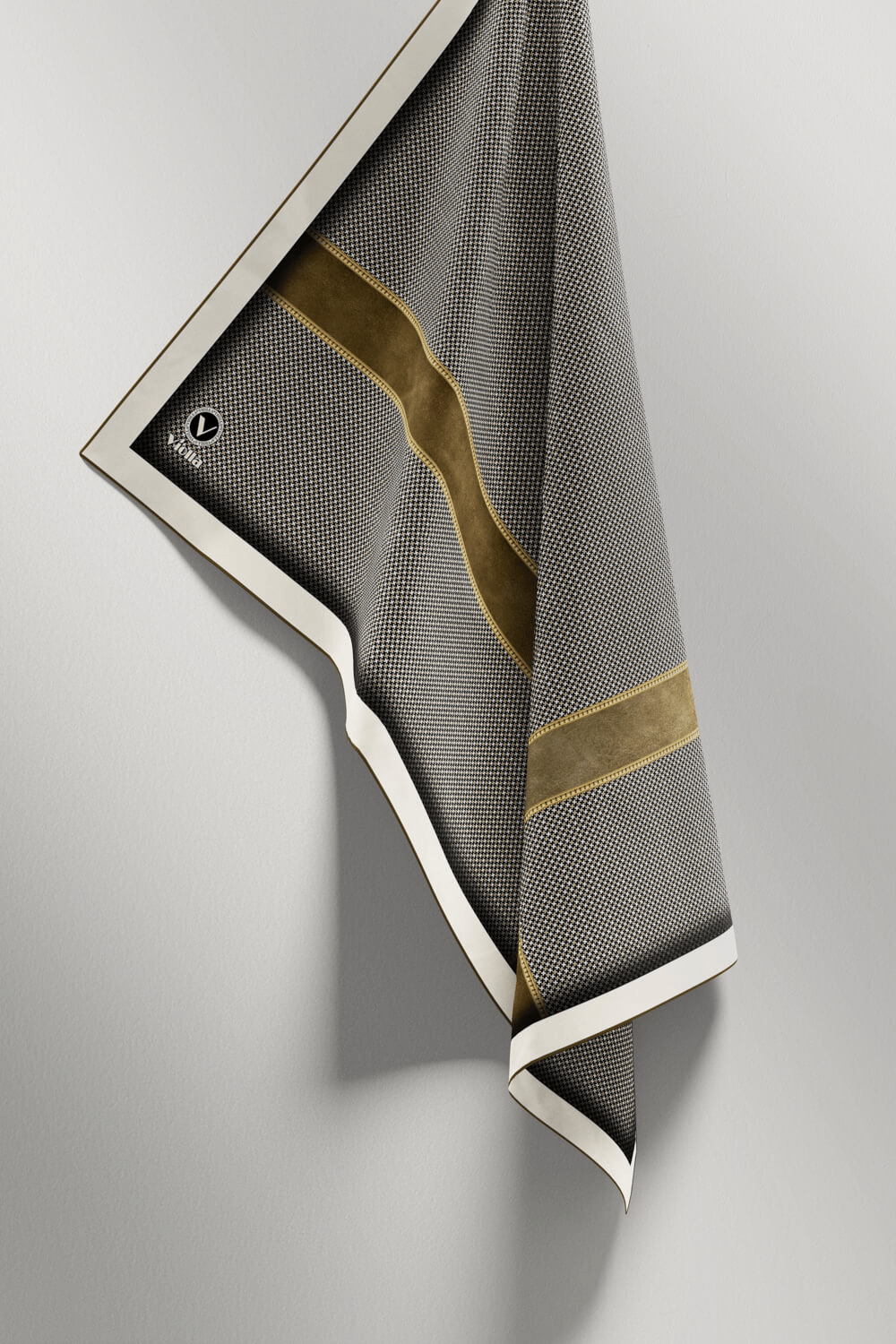 Twill Geometrik ve Kemer Desenli Sütlü Kahve Renkli 90x90 Eşarp (İpek İçermez) Dikim Şekli : El Dikişi