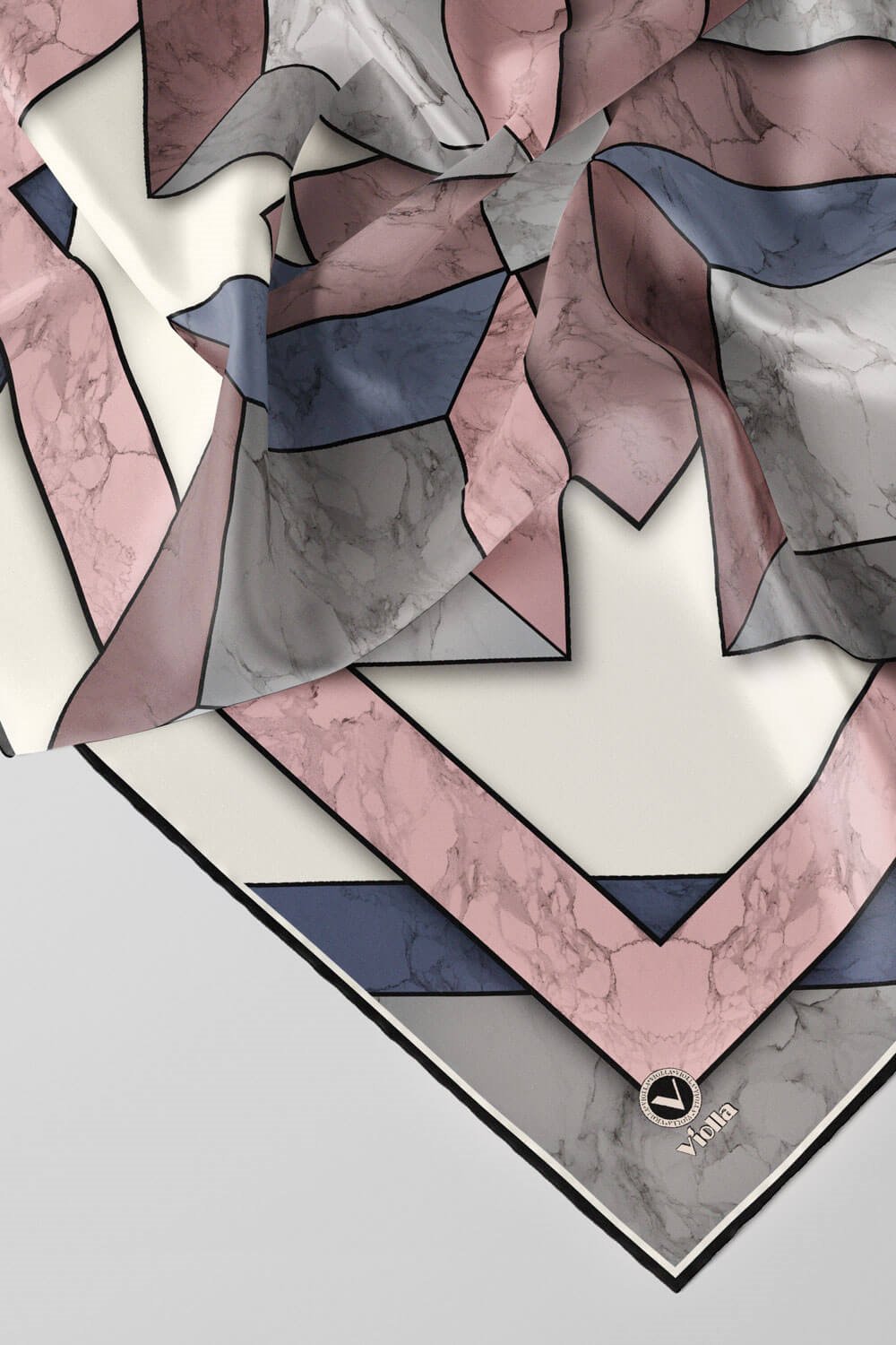 Twill Mermer Desenli Pudra - Bebe Mavisi Renkli 90x90 Eşarp (İpek İçermez) Kenar Dikiş Şekli El Dikişli