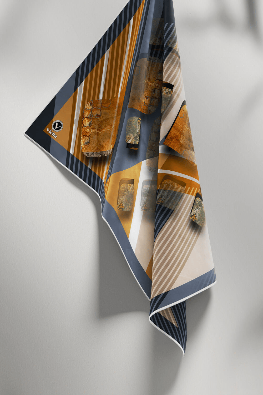 Twill Çizgili ve Geometrik Desenli Hardal Renkli 90x90 Eşarp (İpek İçermez) Kenar Dikiş Şekli El Dikişli