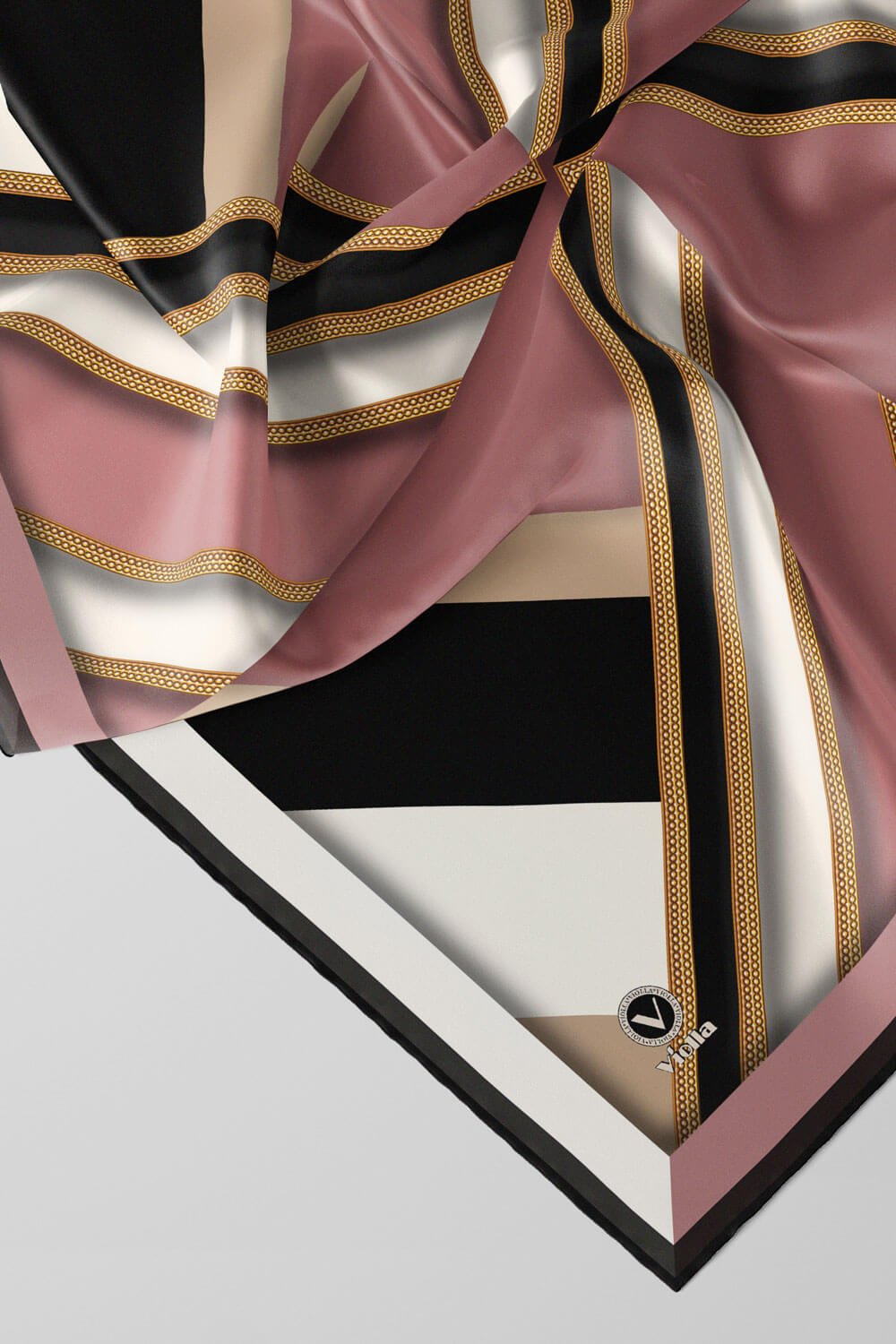 Twill Geometrik Desenli Pudra Renkli 90x90 Eşarp (İpek İçermez) Dikim Şekli : El Dikişi