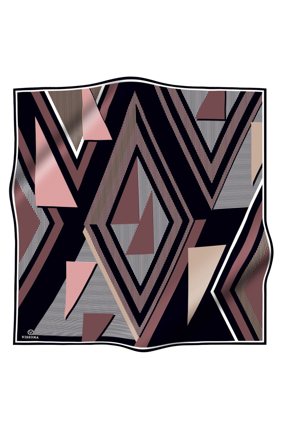 %100 Twill İpek Geometrik Desenli Pudra - Siyah Renkli 90x90 Eşarp Dikim Şekli : El Dikişi