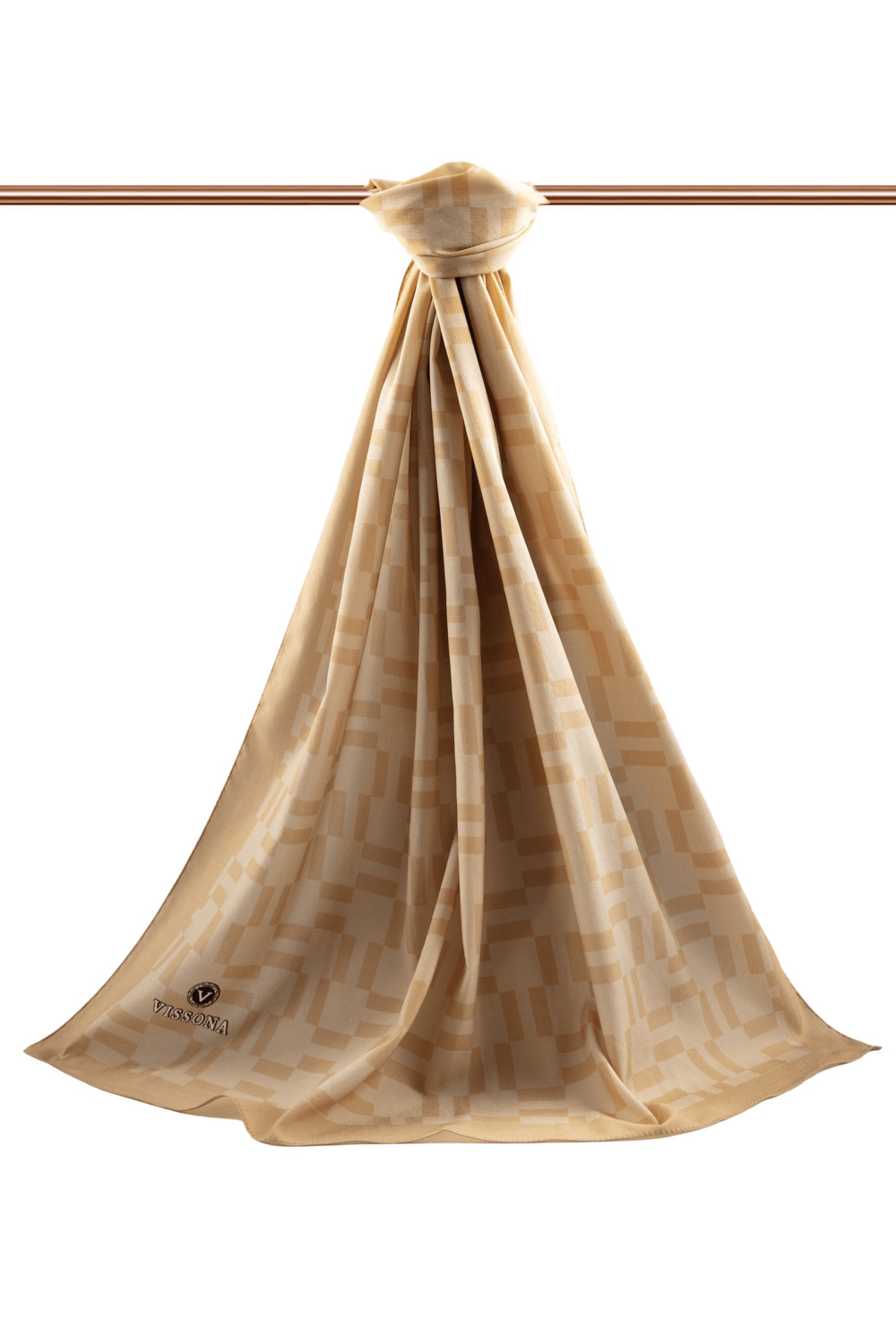 LÜKS MEDİNE İPEĞİ MONOGRAM DESENLİ GOLD RENKLİ 75X195 KIRIŞMAZ ŞAL MOSS KREP DİKİŞ TİPİ İTALYAN DİKİŞLİ