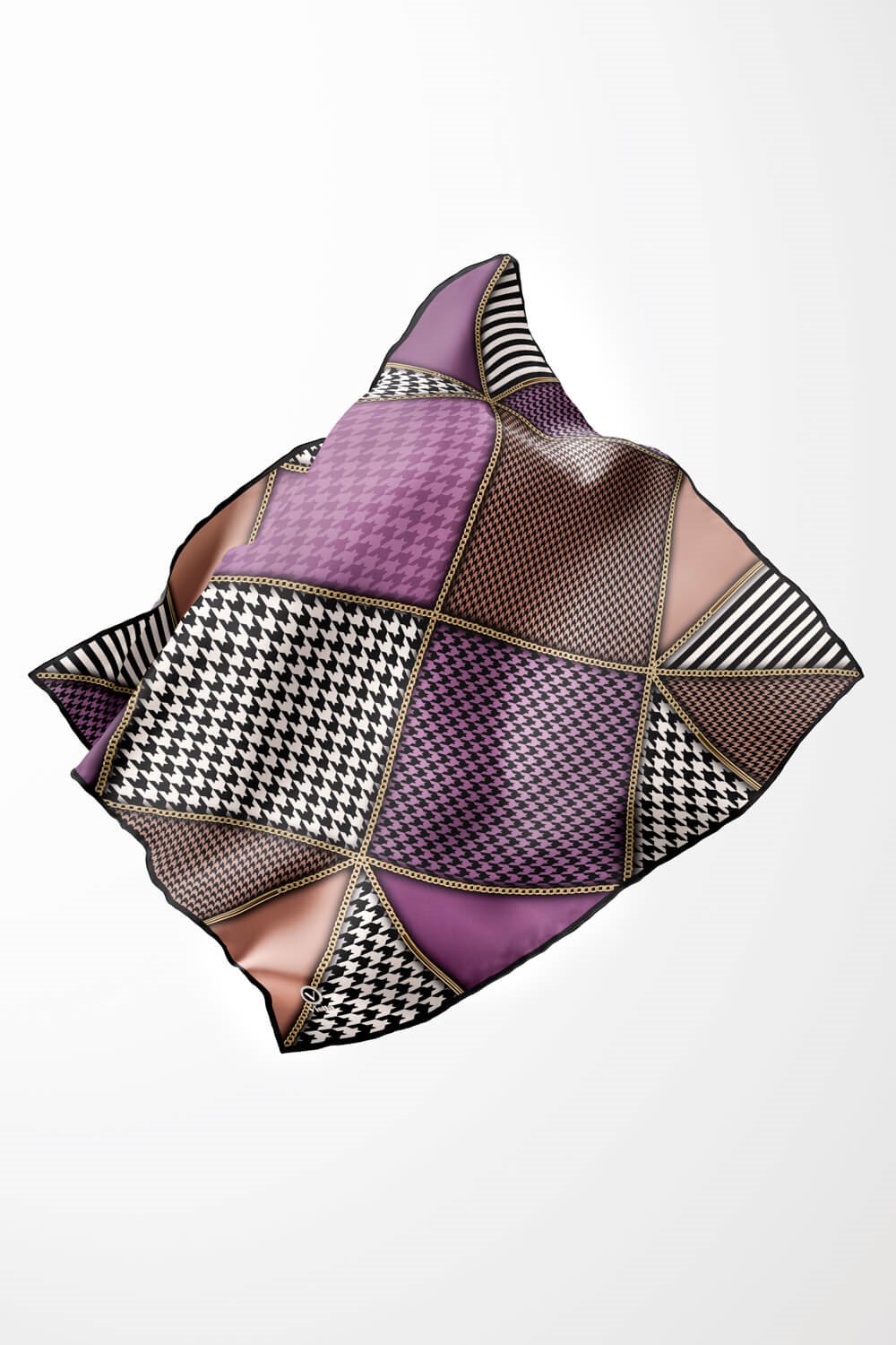 Twil Geometrik Ve Kazayak Desenli Lila - Somon Renkli 90x90 Eşarp (İpek İçermez) Dikim Şekli : El Dikişi