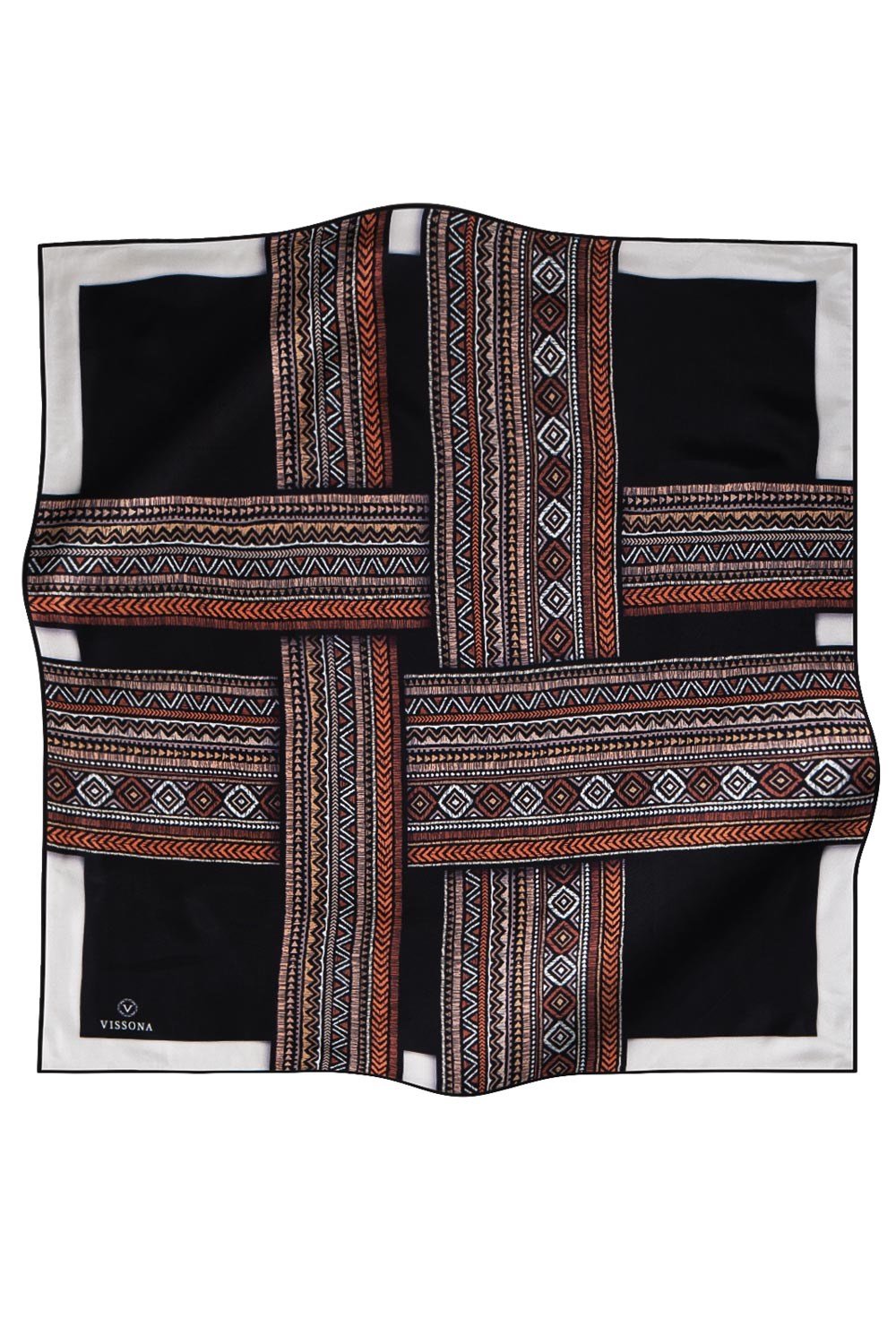 %100 Twill İpek Etnik Desenli Siyah - Taba Renkli 90x90 Eşarp Dikim Şekli : El Dikişi
