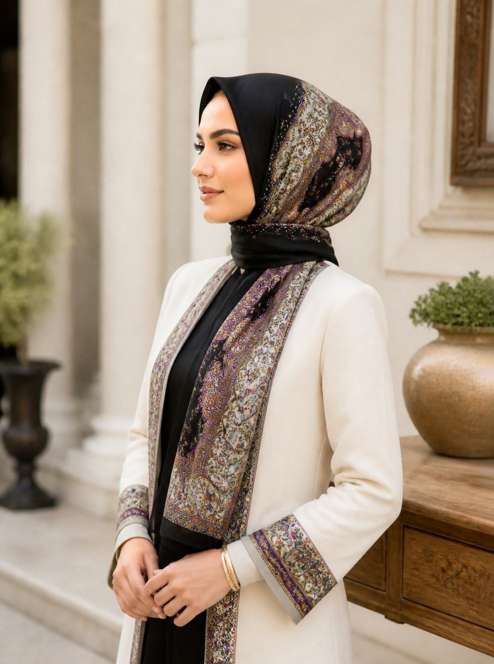 %100 İpek Etnik Desenli Siyah Renkli 92x210 Şal