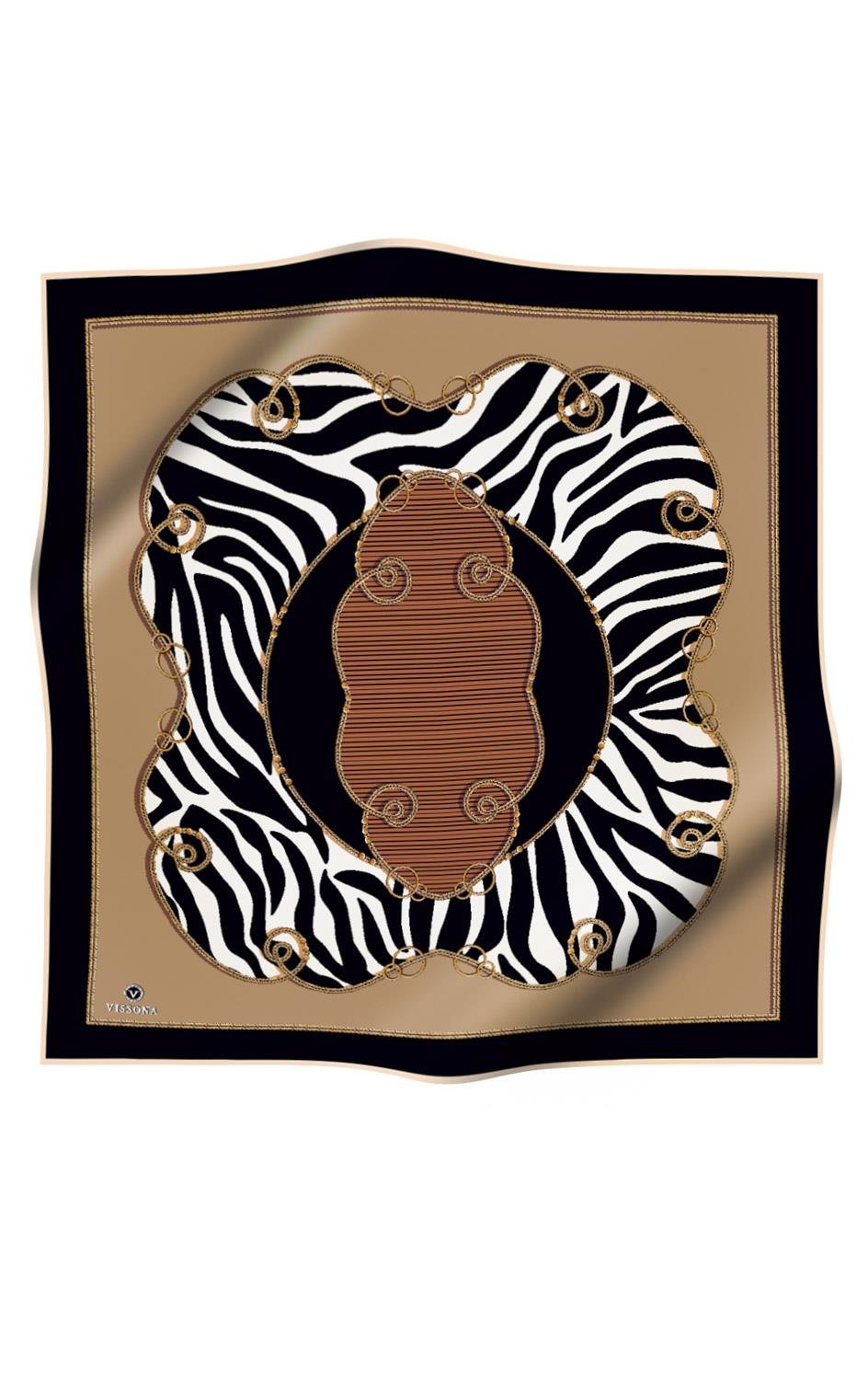 %100 Twill İpek Zincirli Ve Zebra Desenli Bej - Siyah Renkli 90x90 Eşarp Dikim Şekli : El Dikişi
