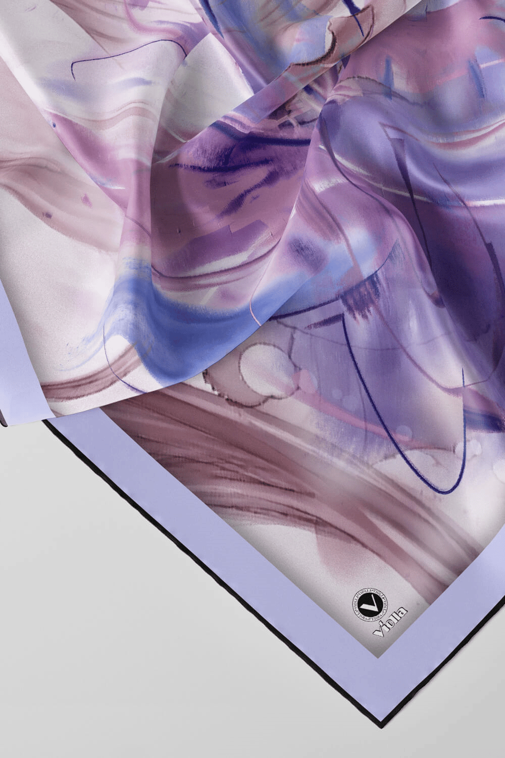 Twill Çiçek Tablo Desenli Lila Renkli 90x90 Eşarp (İpek İçermez) Kenar Dikiş Şekli El Dikişli