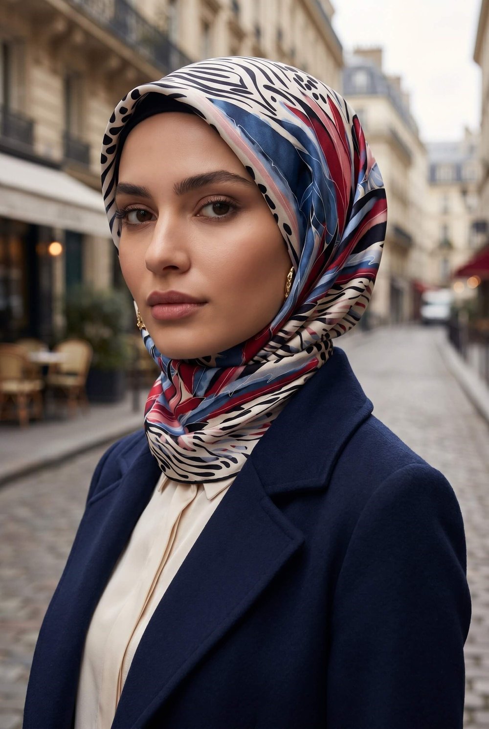 %100 Twill İpek Amazon Desenli Kırmızı- İndigo Renkli 90x90 Eşarp Kenar Dikiş Şekli El Dikişli