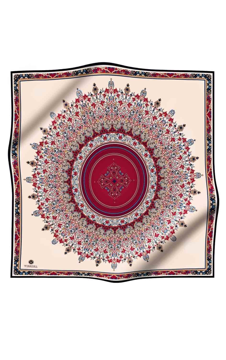 %100 Twill İpek Şal Desenli Bordo Renkli 90x90 Eşarp Dikim Şekli : El Dikişi