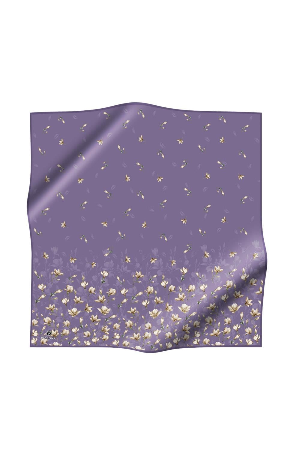 %100 Twill İpek Çiçek Desenli Lila Renkli 90x90 Eşarp Dikim Şekli : El Dikişi