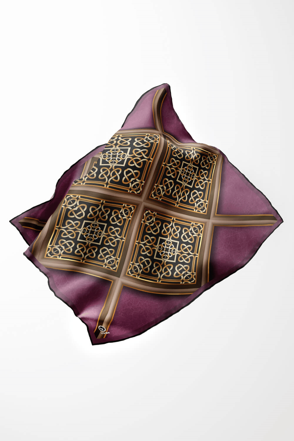 Twill Gold Çerçeveli Barok Desenli Mürdüm Renkli 90x90 Eşarp (İpek İçermez) Kenar Dikiş Şekli El Dikişli