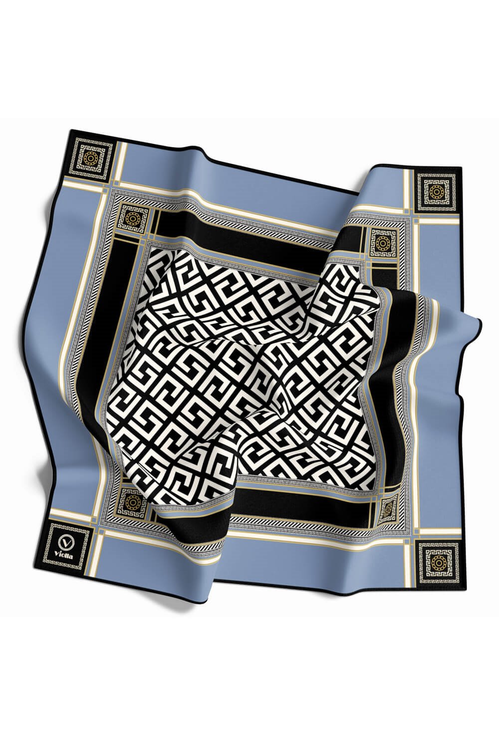 Twill Antik Desenli Bebe Mavisi Renkli 90x90 Eşarp (İpek İçermez) Kenar Dikiş Şekli El Dikişli