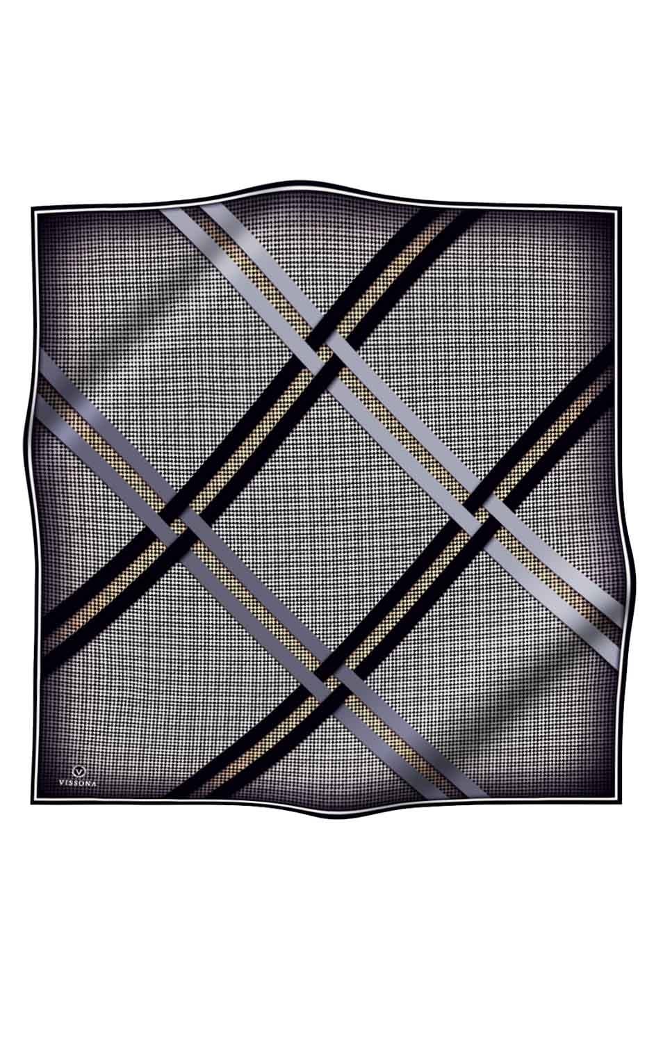 %100 Twill İpek Kazayağı Desenli Gri - Siyah Renkli 90x90 Eşarp Dikim Şekli : El Dikişi