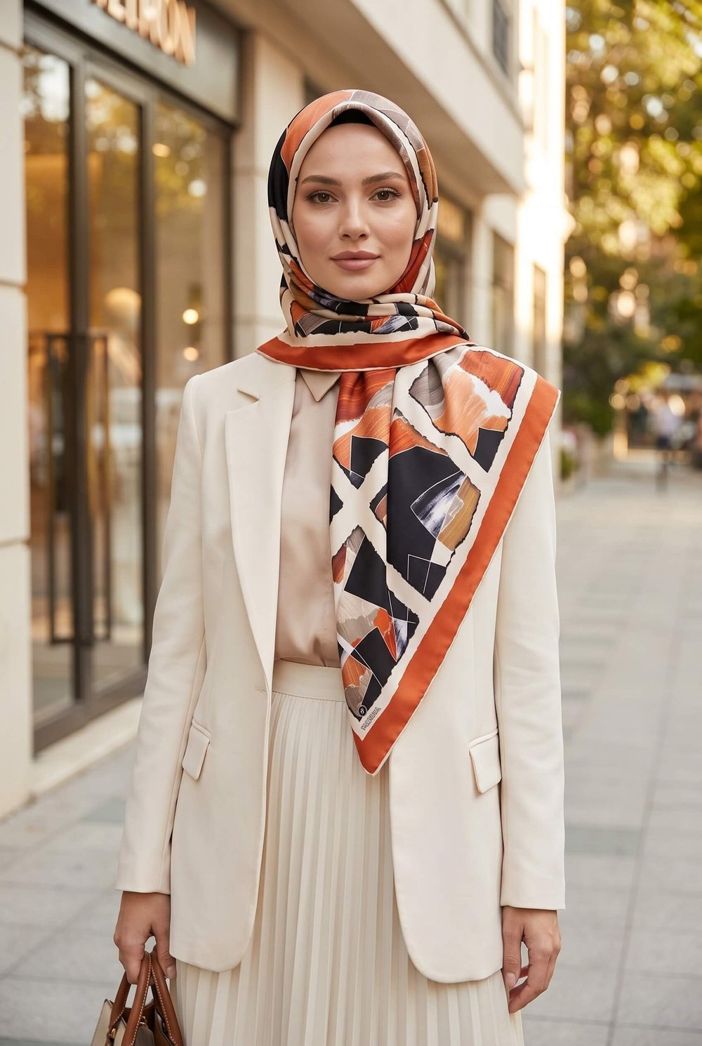 %100 Twill İpek Geometrik Desenli Taba - Bej Renkli 90x90 Eşarp Dikim Şekli : El Dikişi