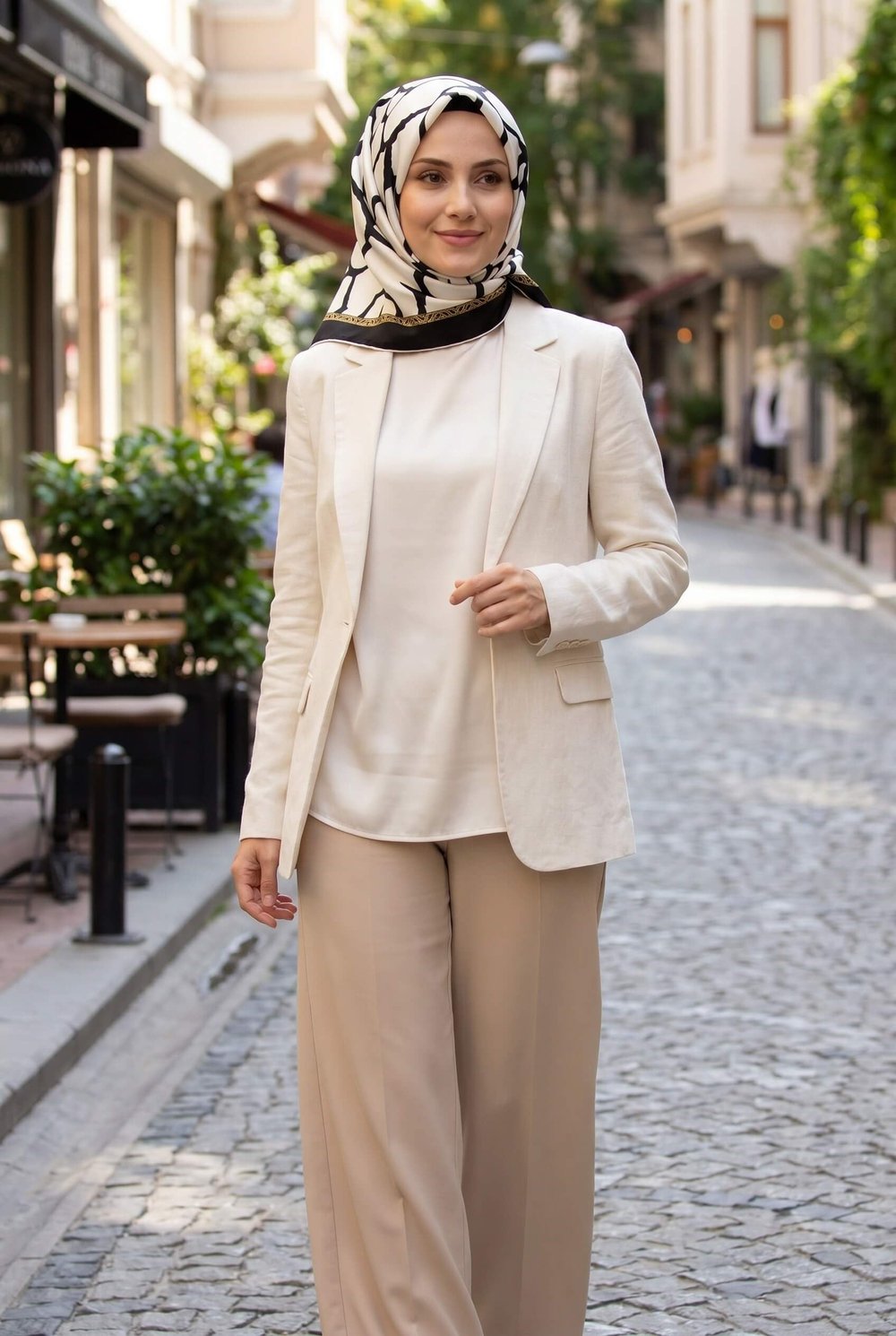 %100 Twill Taş Desenli Krem - Siyah Renkli 90x90 Eşarp Dikim Şekli: El Dikişi