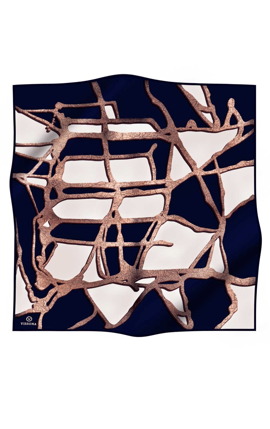 % 57 İPEK % 43 VİSKON Twill İpek Gold Efektli Geometrik Desenli Lacivert - Krem Renkli 90x90 Eşarp Dikim Şekli : El Dikişi