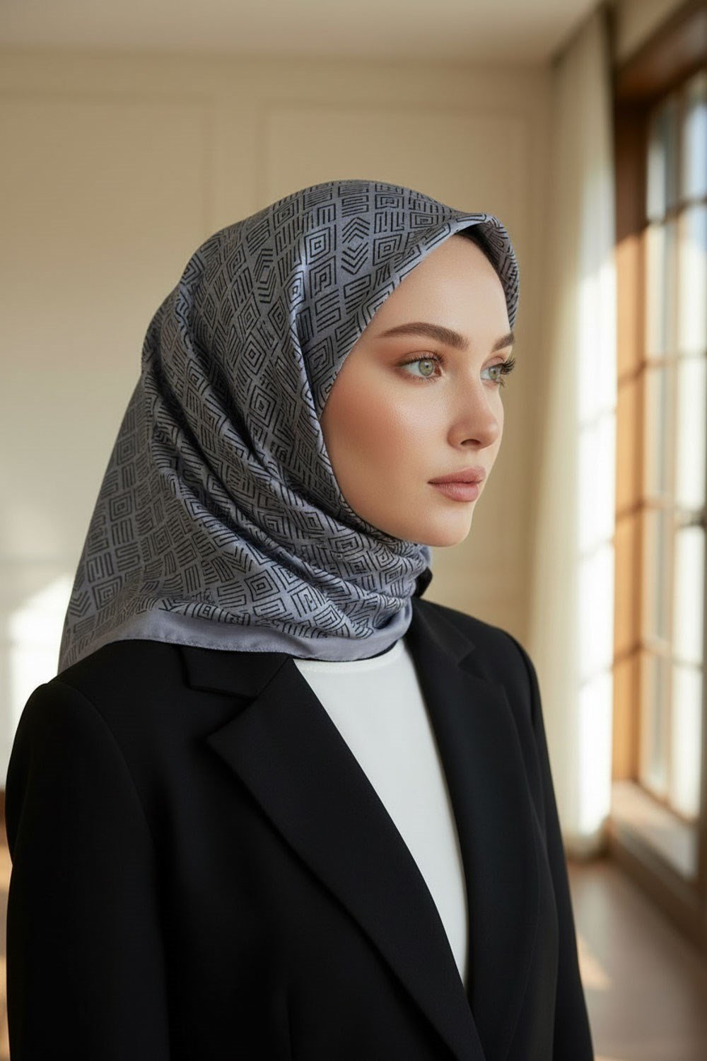 %57 İPEK %43 VİSKON Twill İpek Etnik Motif Desenli Gri - Siyah Renkli 90x90 Eşarp Dikim Şekli : El Dikişi
