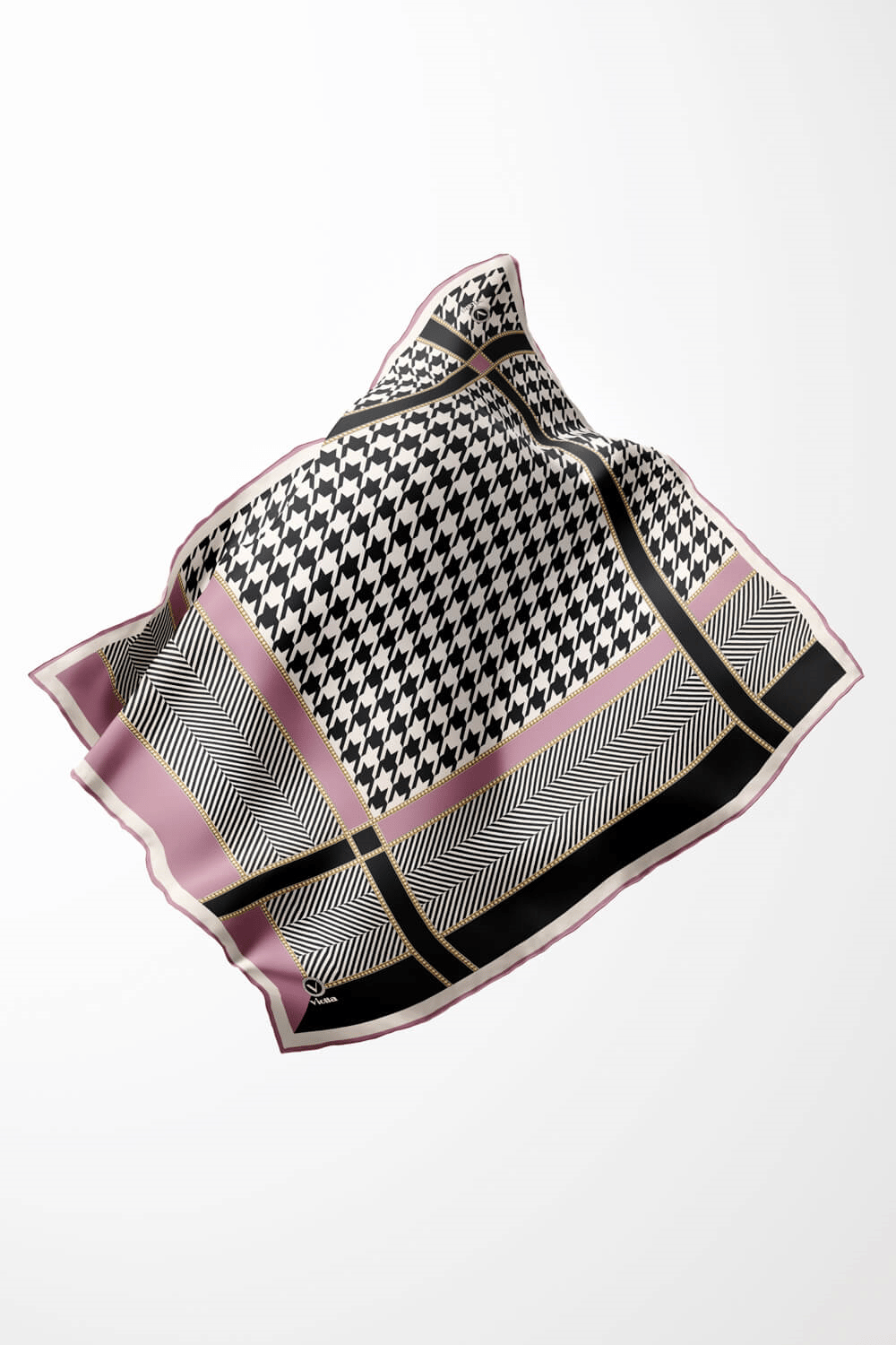 Twill Kazayağı Desenli Pembe Renkli 90x90 Eşarp (İpek İçermez) Kenar Dikiş Şekli El Dikişli