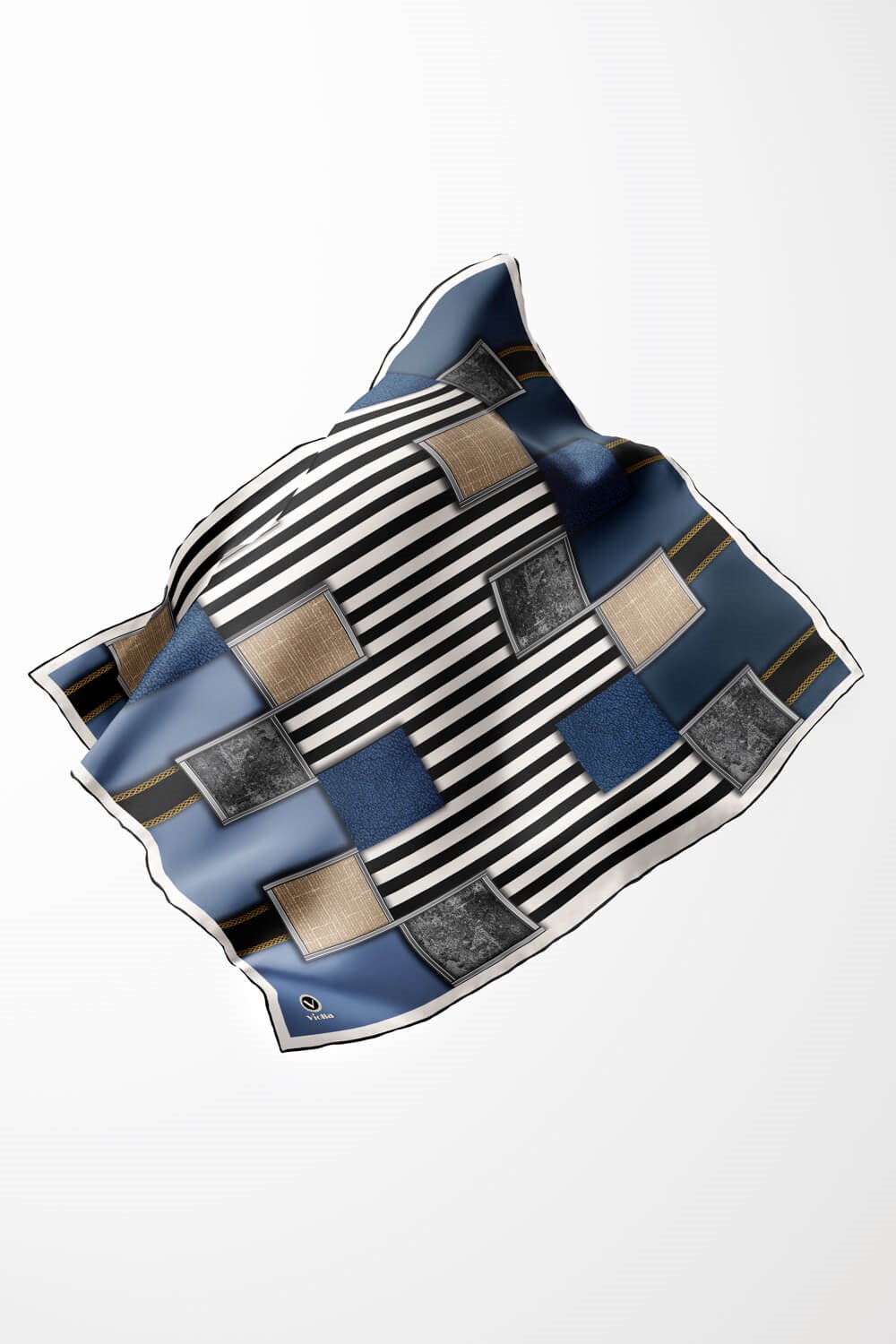 Twill Geometrik Ve Çizgili Desenli İndigo Renkli 90x90 Eşarp (İpek İçermez) Dikim Şekli : El Dikişi