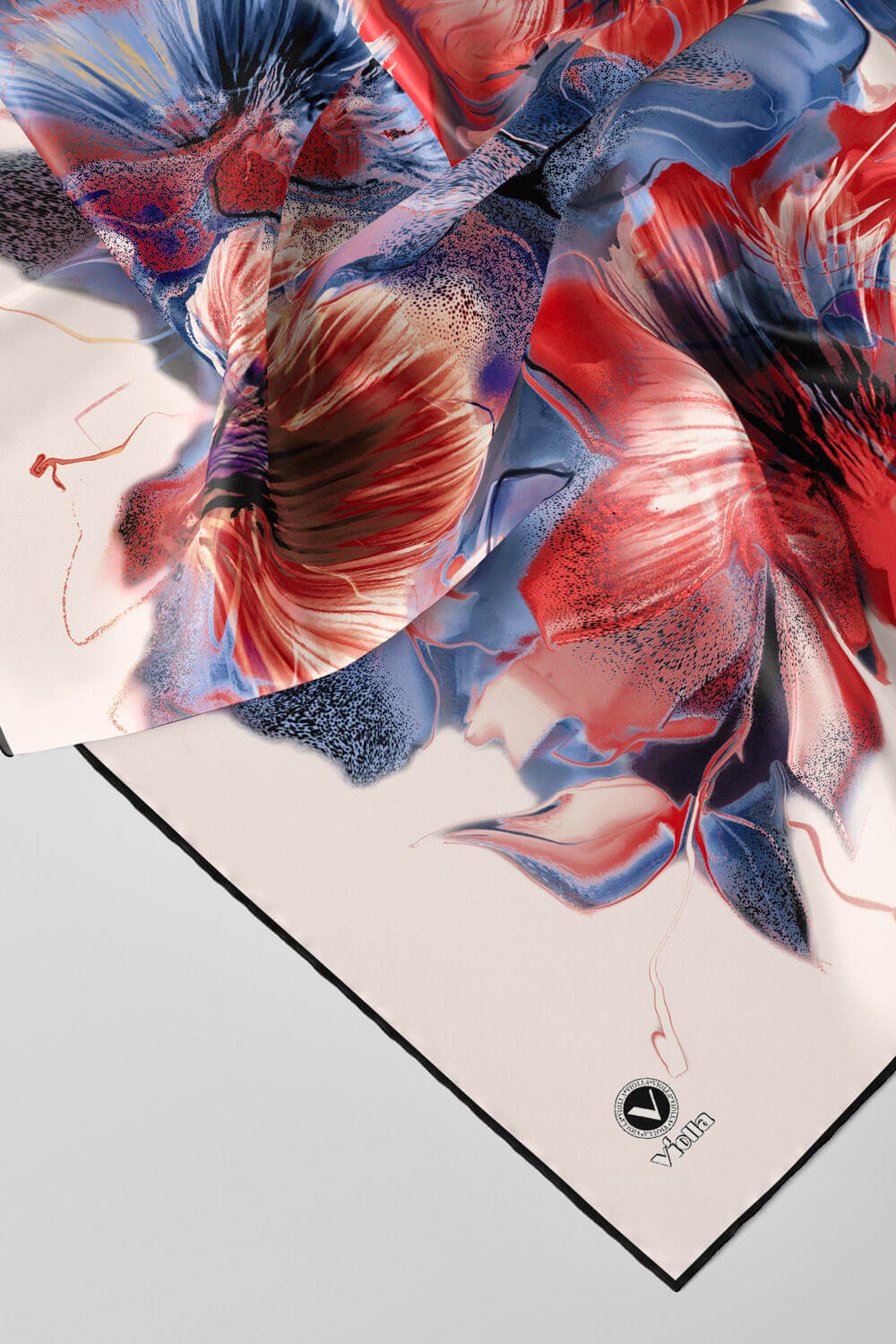 Twill Çiçek Desenli Kahverengi - İndigo Renkli 90x90 Eşarp (İpek İçermez) Kenar Dikiş Şekli El Dikişli
