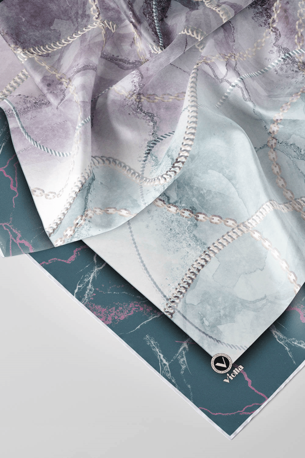 Twill Mermer ve Zincir Desenli Petrol Yeşili Renkli 90x90 Eşarp (İpek İçermez) Kenar Dikiş Şekli El Dikişli