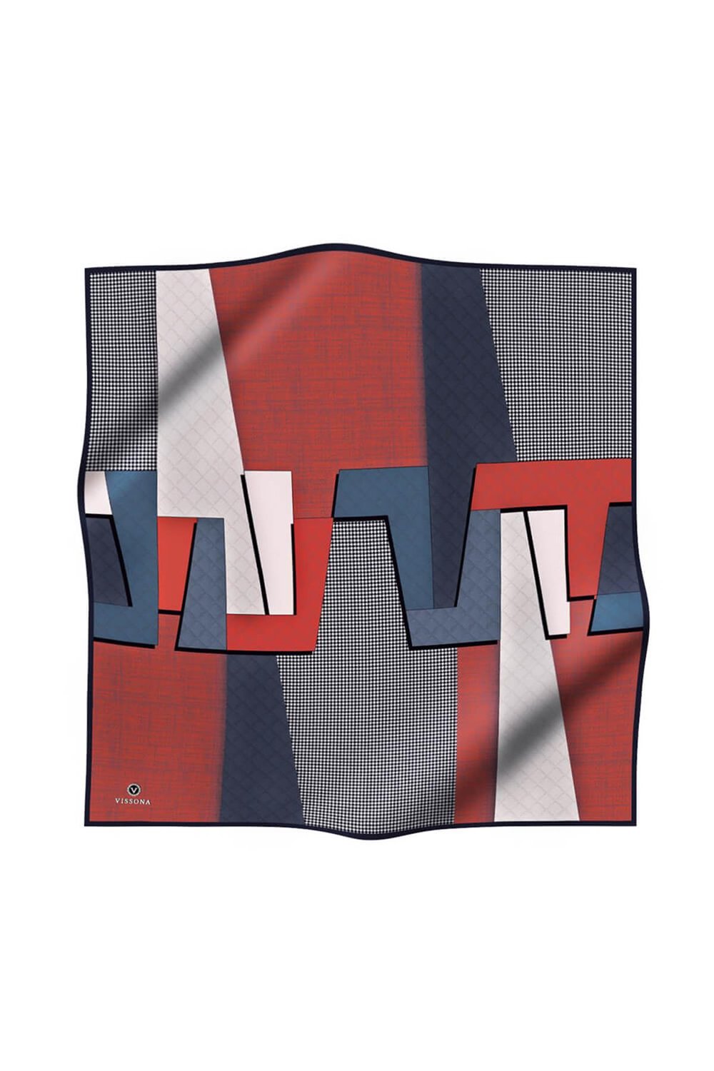 %100 Twill İpek Kazayaklı Ve Geometrik Desenli Kırmızı - İndigo Renkli 90x90 Eşarp Dikim Şekli : El Dikişi