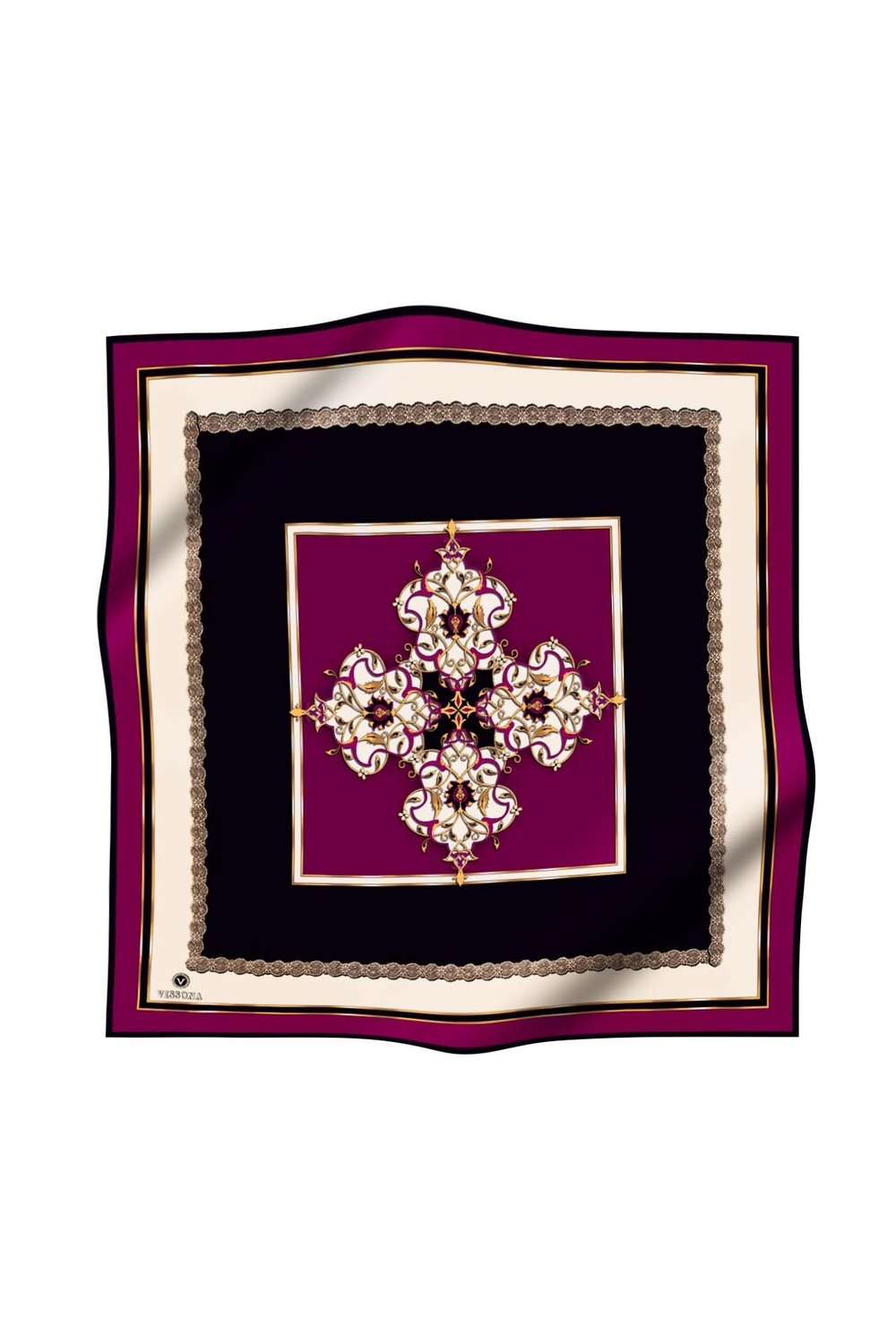 % 57 İPEK % 43 VİSKON Twill İpek Barok Desenli Mürdüm - Siyah Renkli 90x90 Eşarp Dikim Şekli : El Dikişi